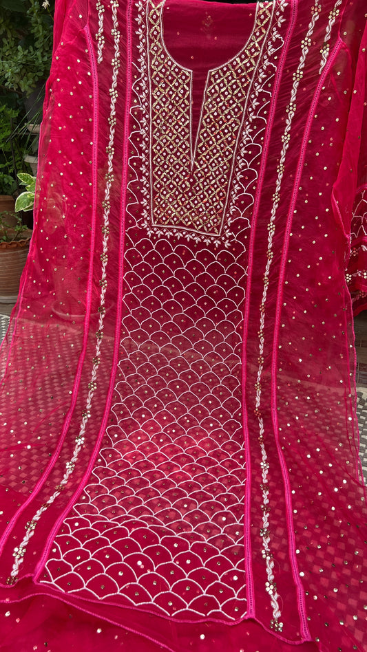 Fuchsia Pink Mukaish Pearl work Pure Organza kurta with dupatta