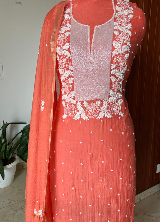 Coral orange pearl and sequins Kurta and Dupatta