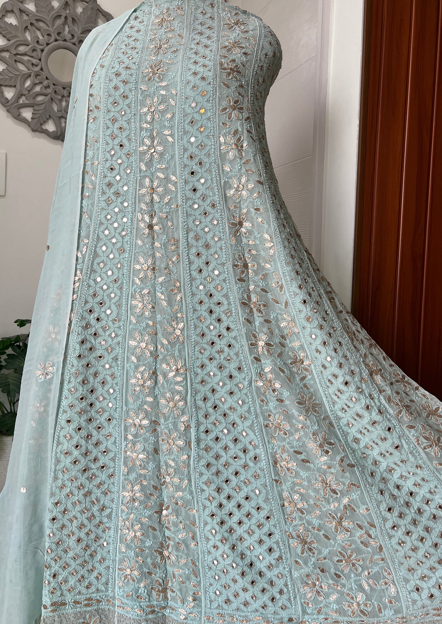 Mint green Chikankari Mirror Gota Patti Anarkali with Dupatta