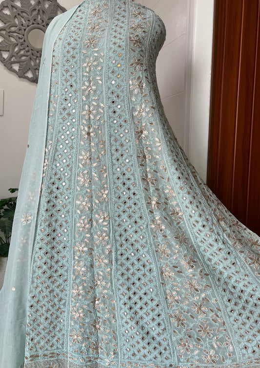 Mint green Chikankari Mirror Gota Patti Anarkali with Dupatta
