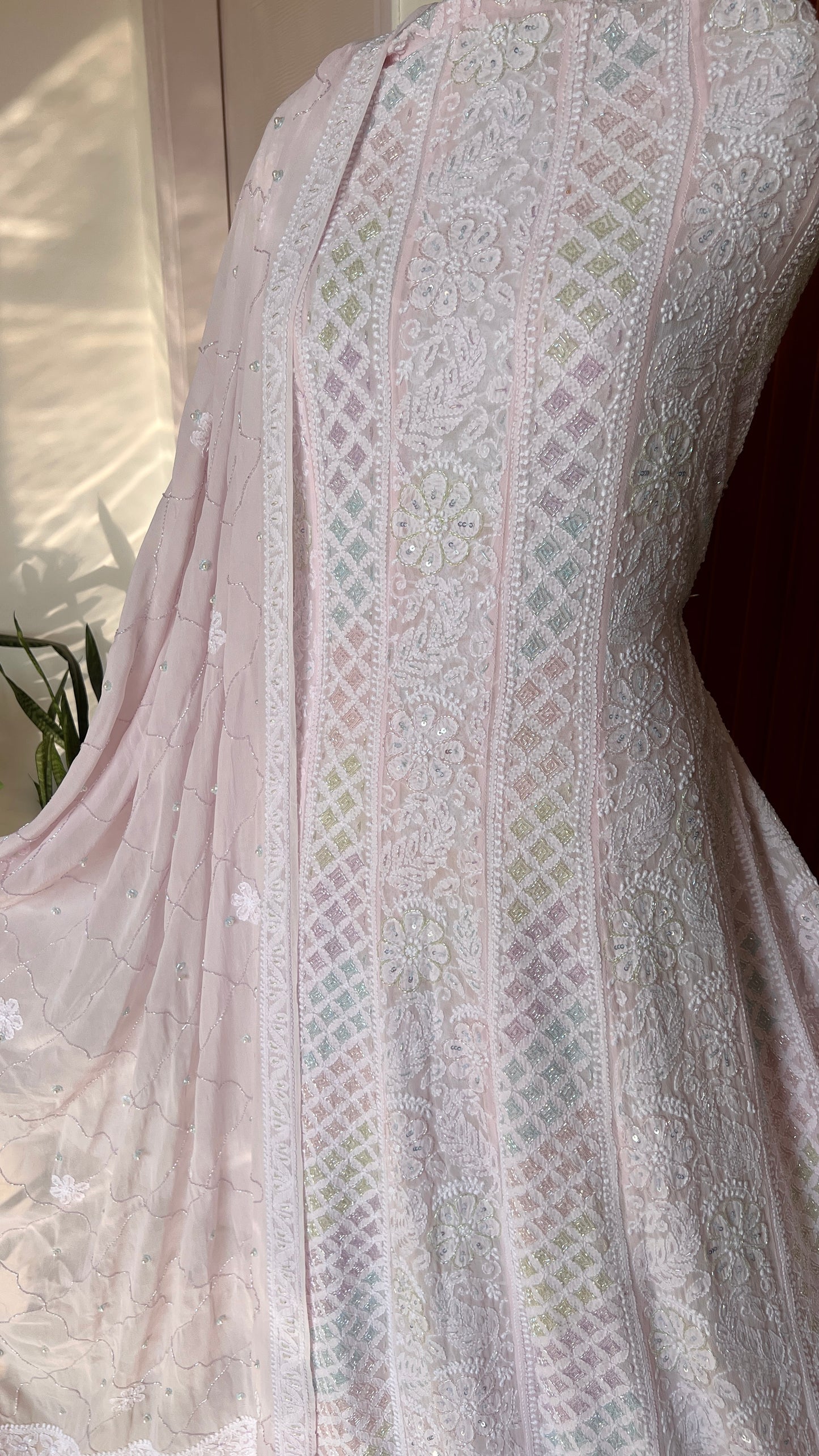 Ruhani Light Pink Chikankari multicolored Sequins and Cut Dana Anarkali
