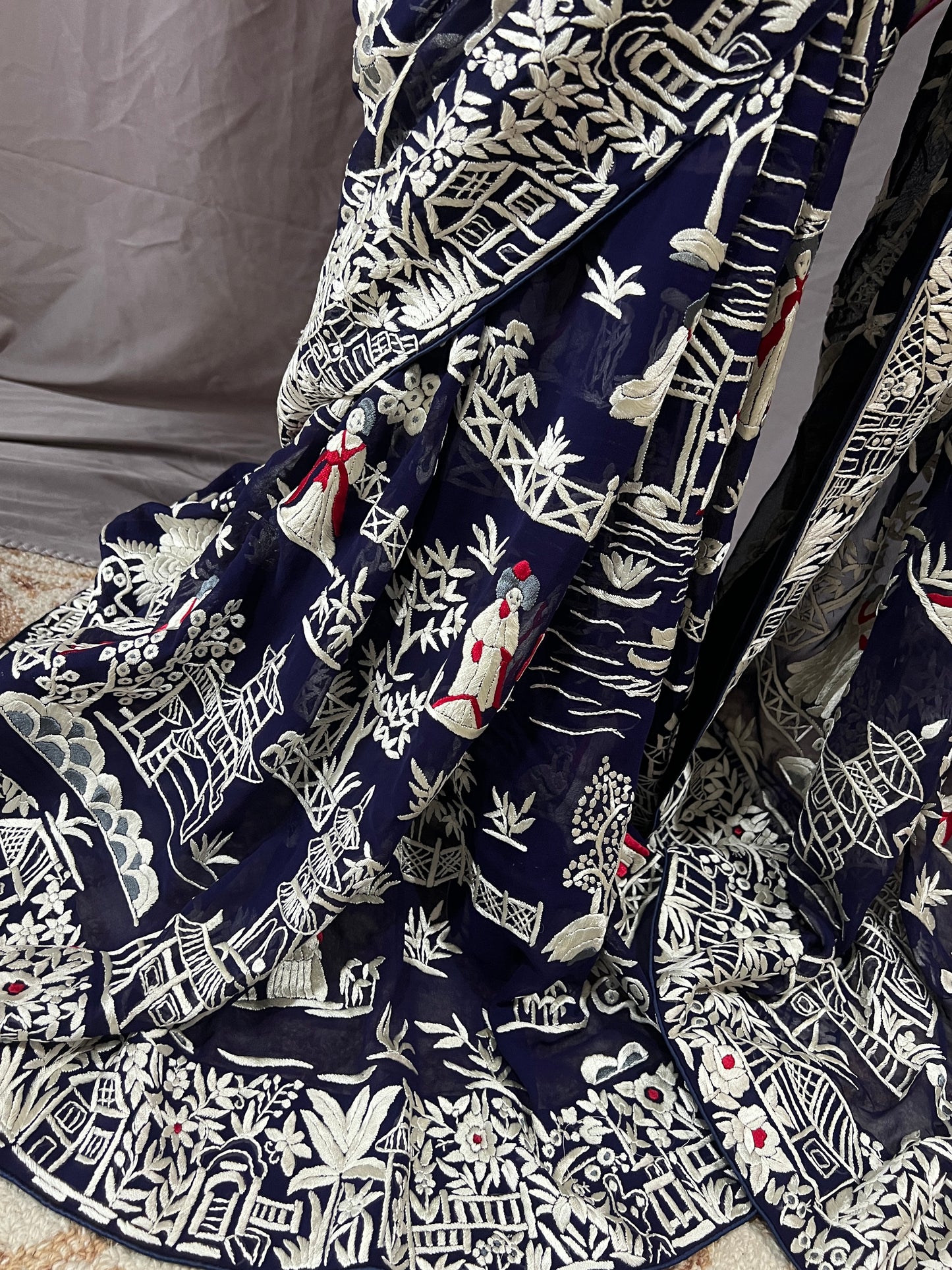 Navy Blue Masterpiece Chinese pattern Parsi Gara Pure Georgette Saree