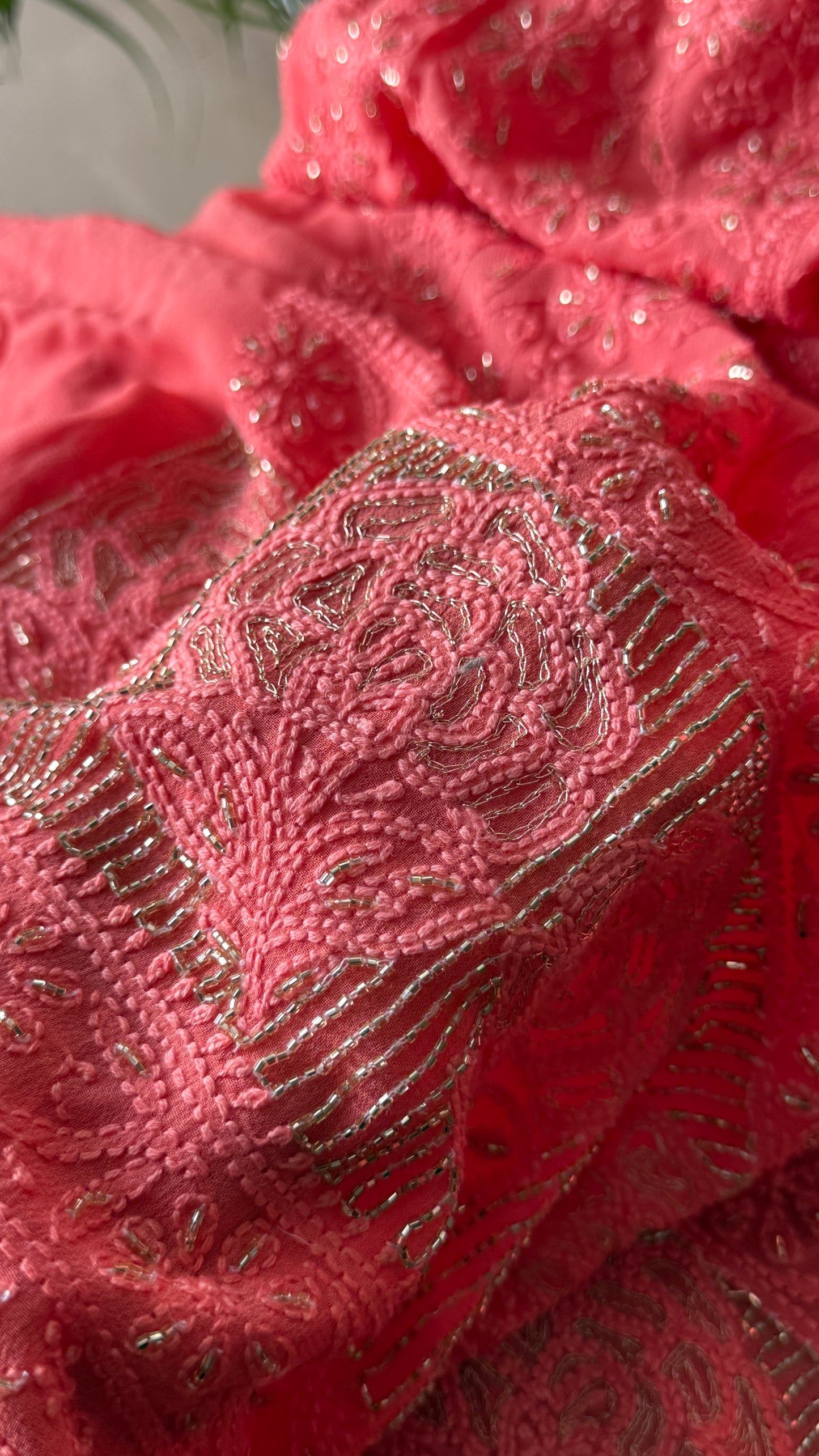 Coral Chikankari golden Cut Dana and aari work Kurta and Dupatta