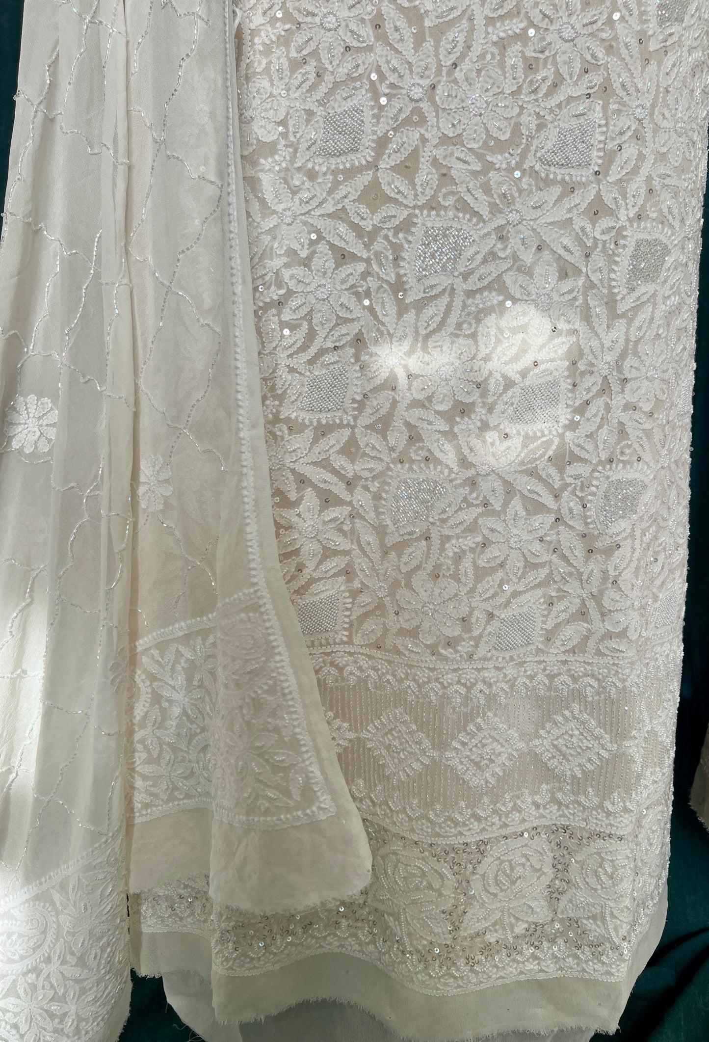 Ivory Chikankari pearl sequins cut Dana work kurta and dupatta