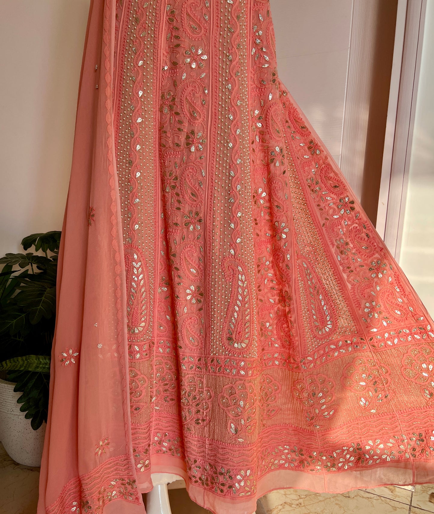 Blush peach Chikankari pearl and Gota Patti Anarkali