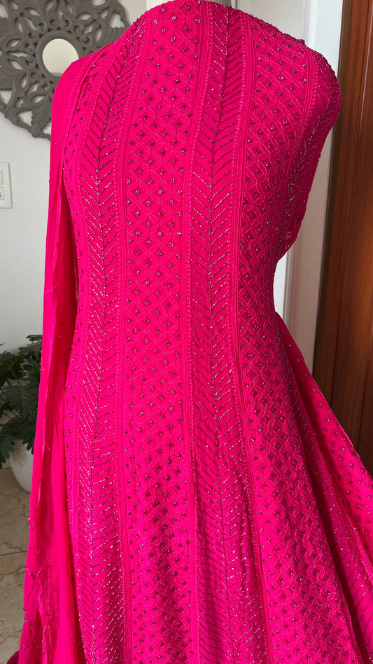 Hot pink Chikankari Sequins and Cut Dana Anarkali