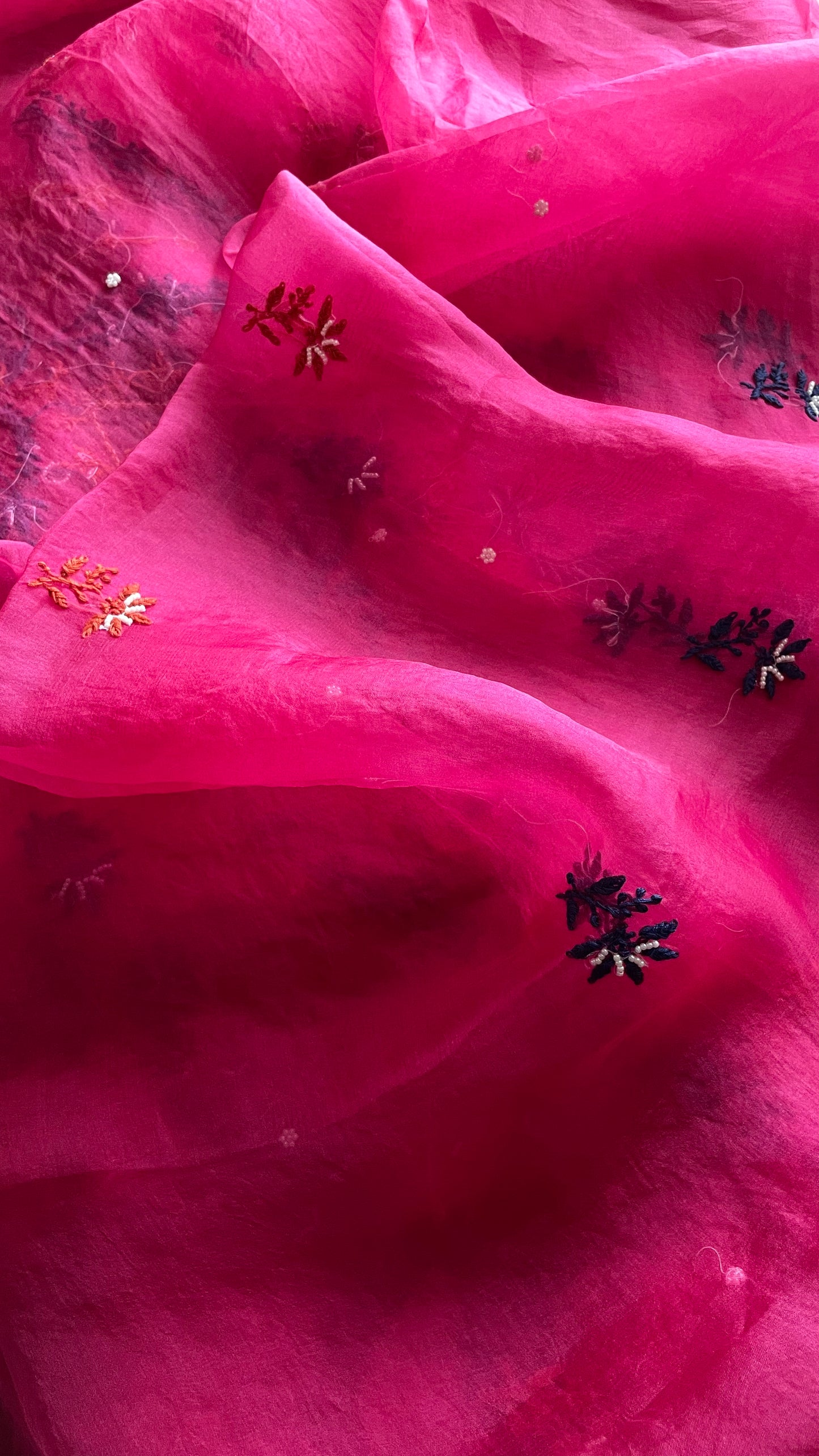 Hot Pink Chikankari pearl sequins pure Organza kurta with dupatta