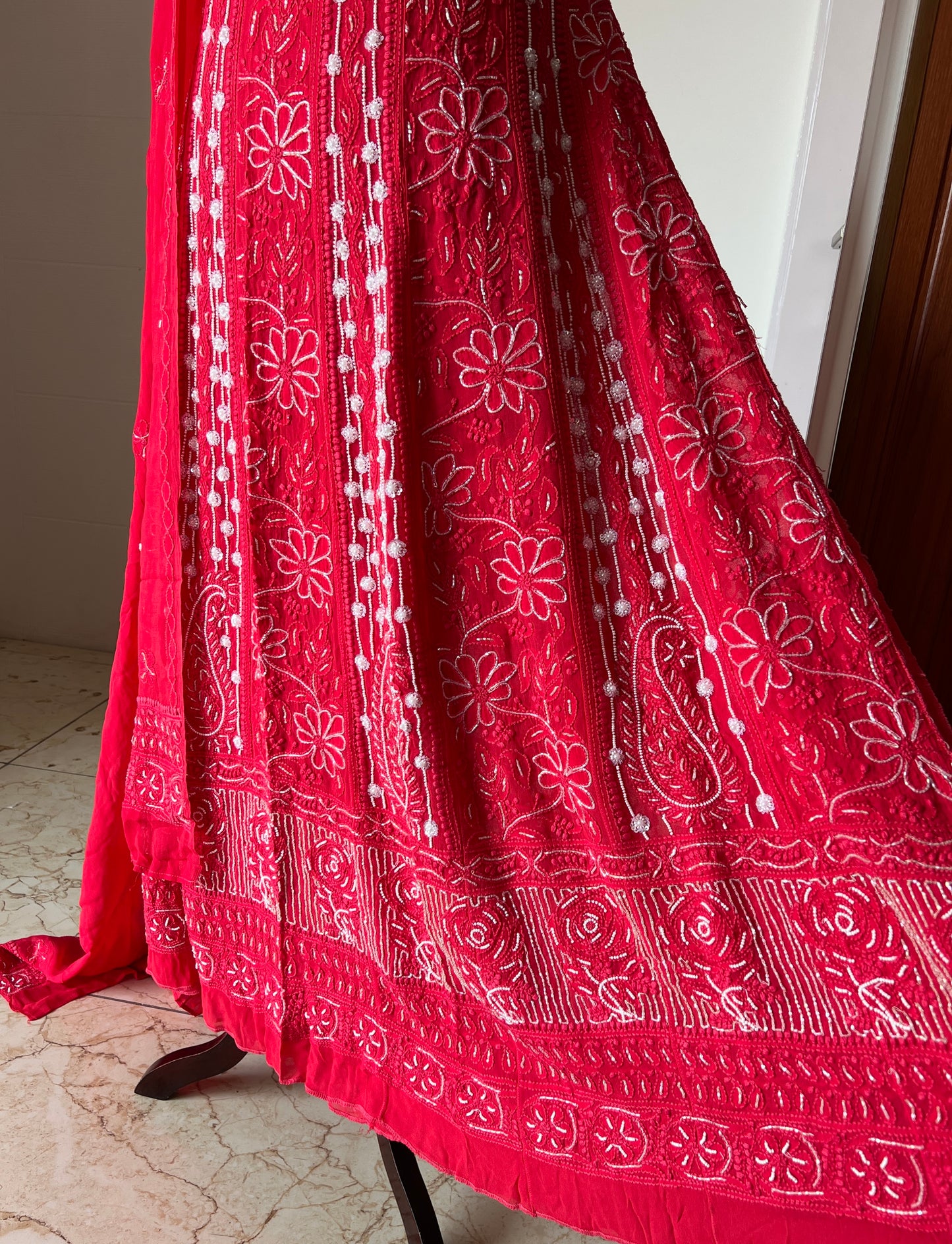 Cherry Red Chikankari Cut Dana pearl Anarkali