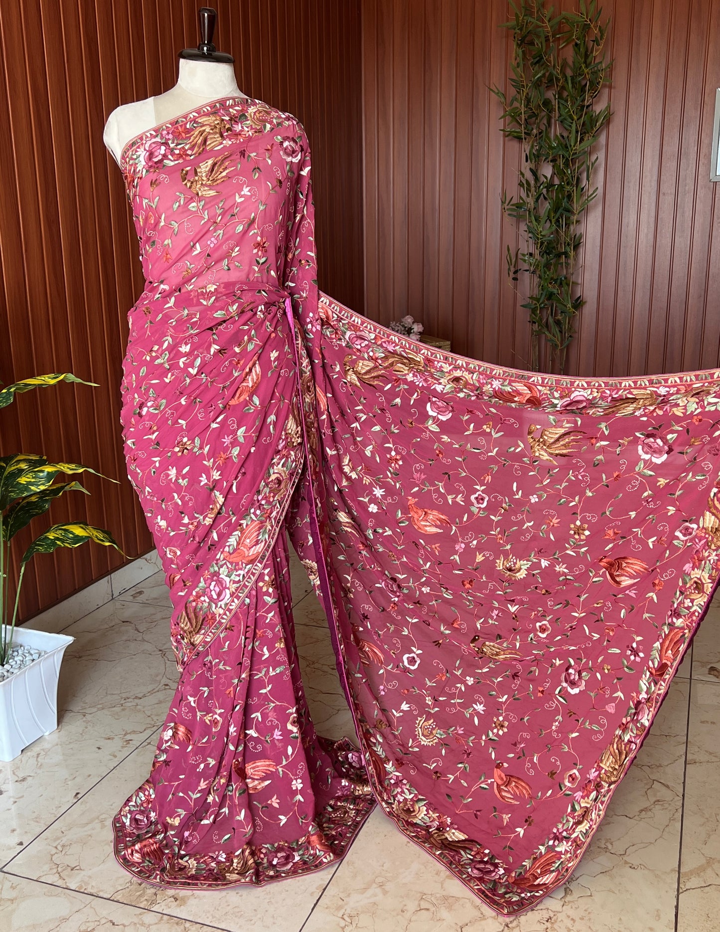 Deep Raspberry Pink Masterpiece Parsi Gara Saree
