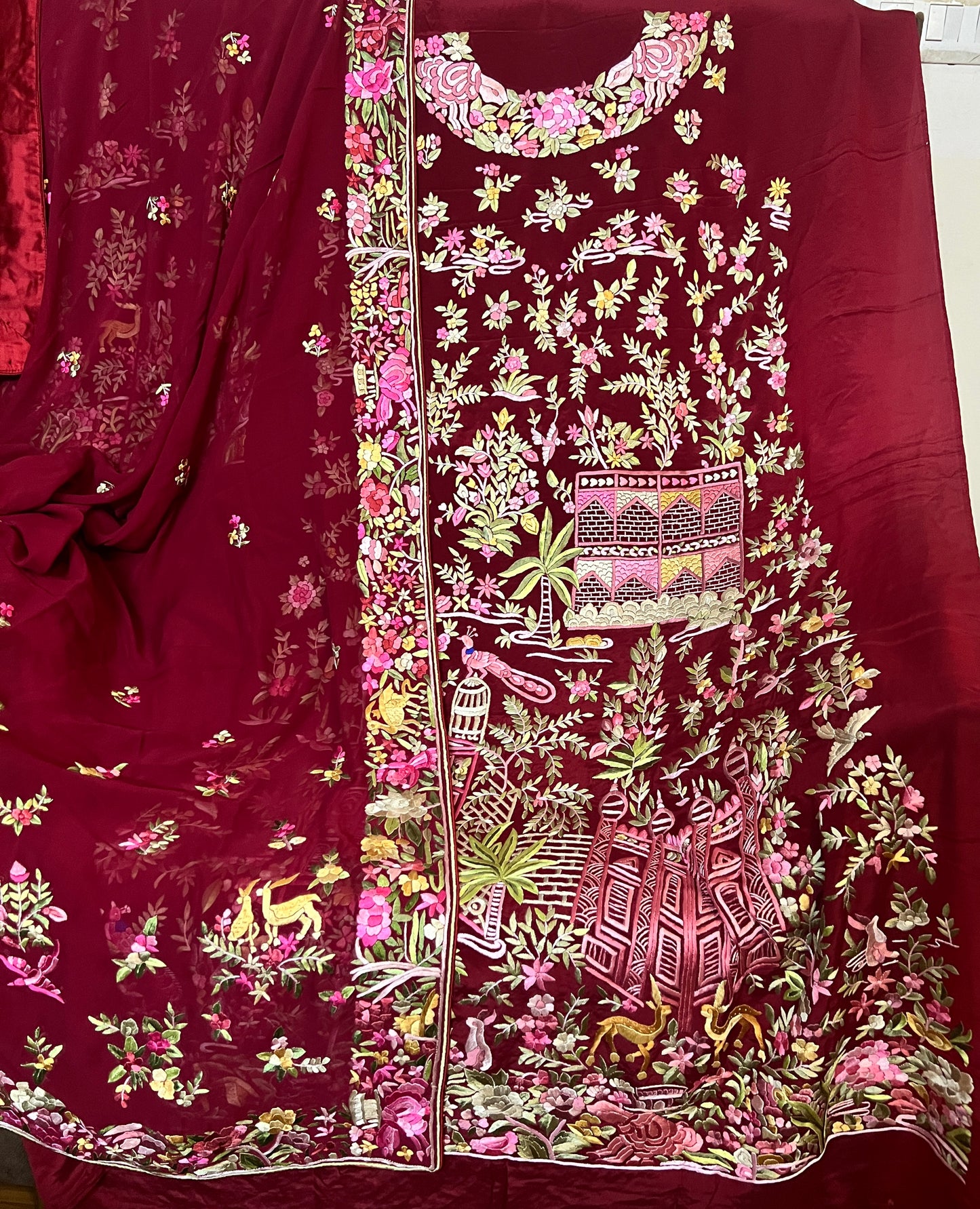 Maroon Masterpiece Hand Embroidered Parsi Gara kurta set