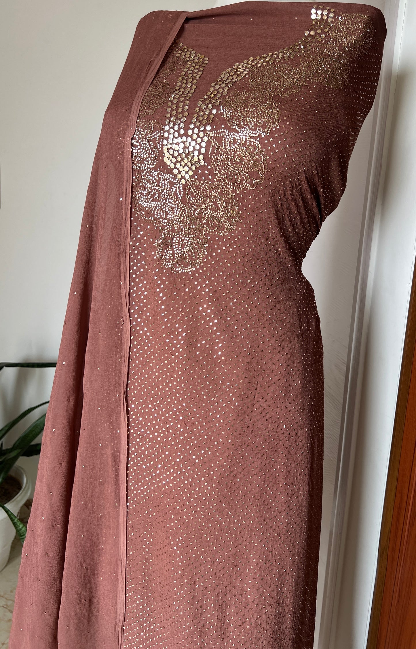 Brown bareek mukaish work Kurta and Dupatta