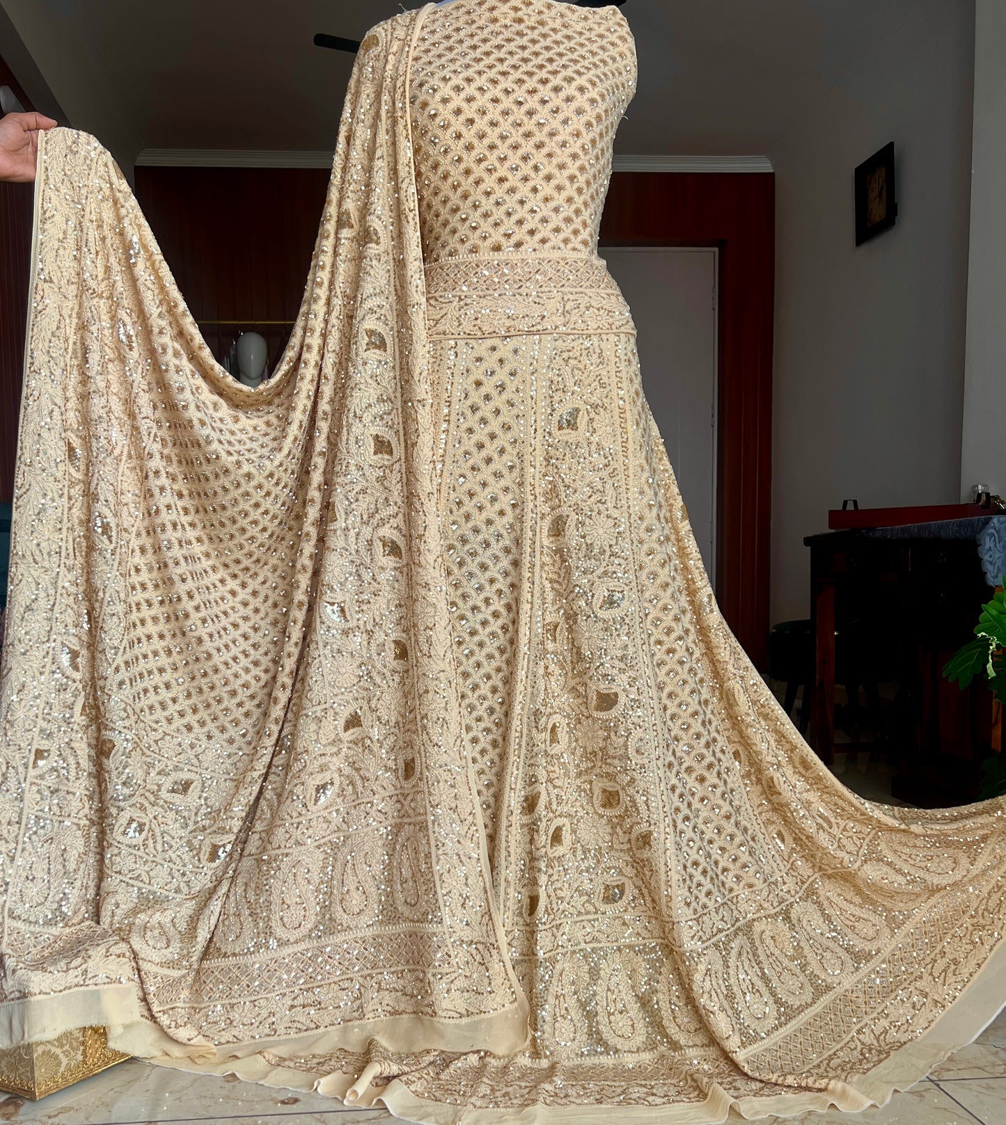 Masterpiece Ruhani Golden Beige Chikankari Sequins Wedding Lehenga