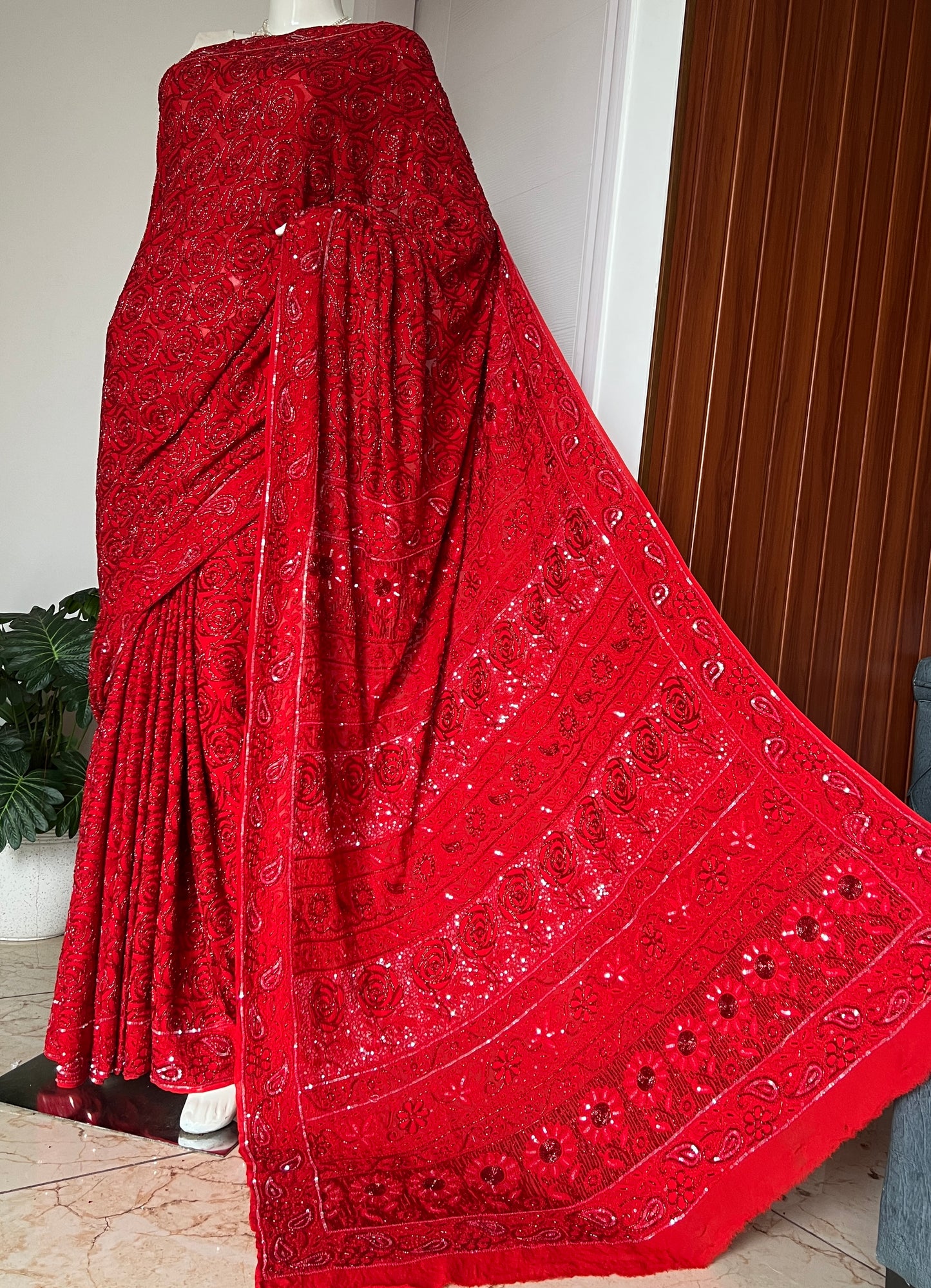 Red Gulaab Masterpiece Chikankari Cut Dana Sequins Saree