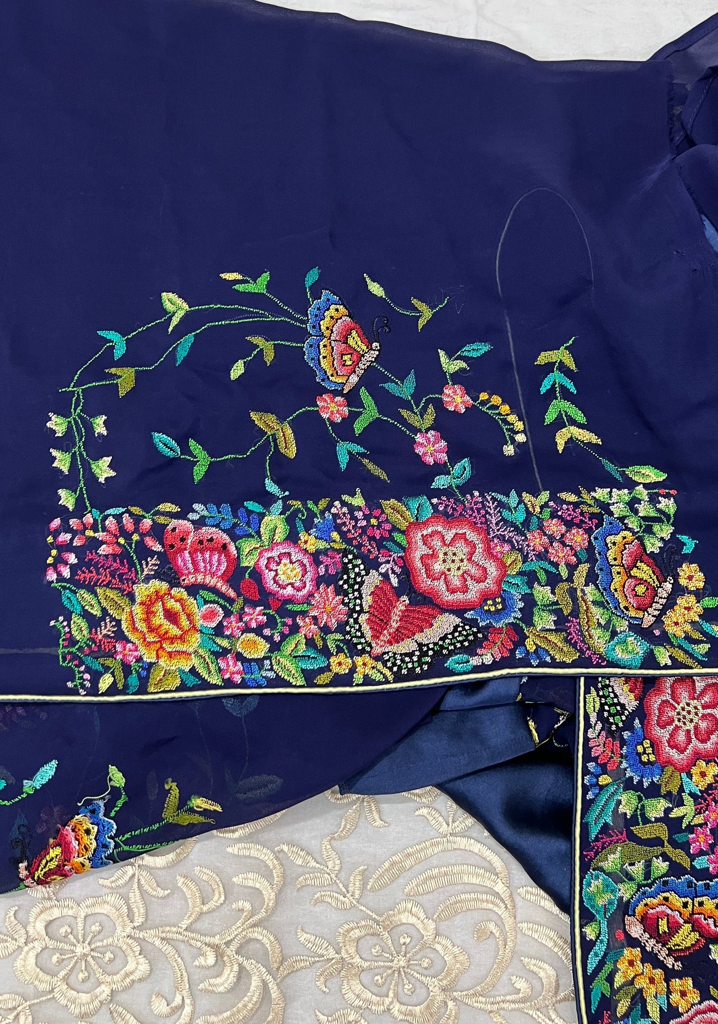 Pre-order Navy Blue Masterpiece Petit Point Hand Embroidered Saree