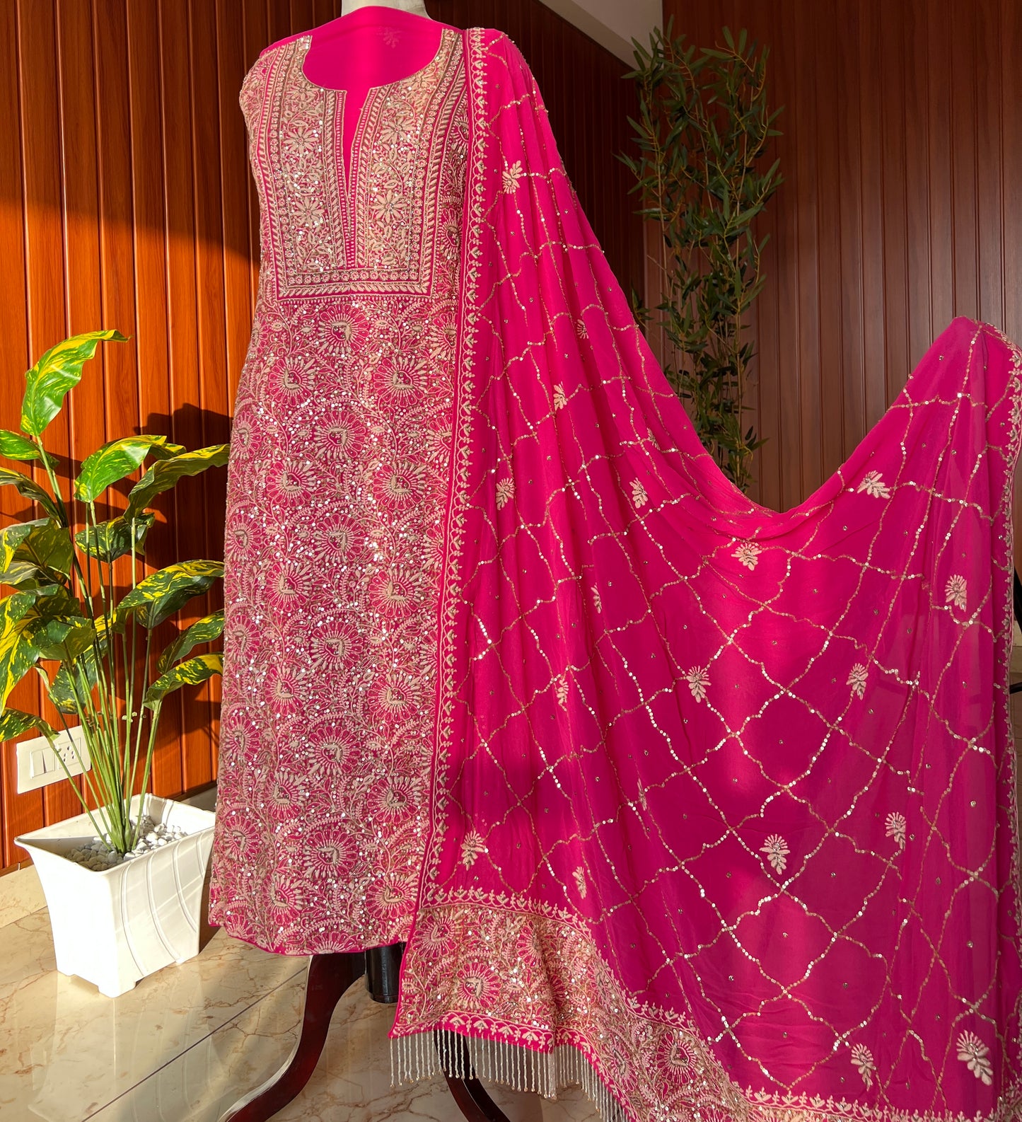 Suhaan Rani Pink 3 taar Chikankari kurta with heavy sequinned dupatta