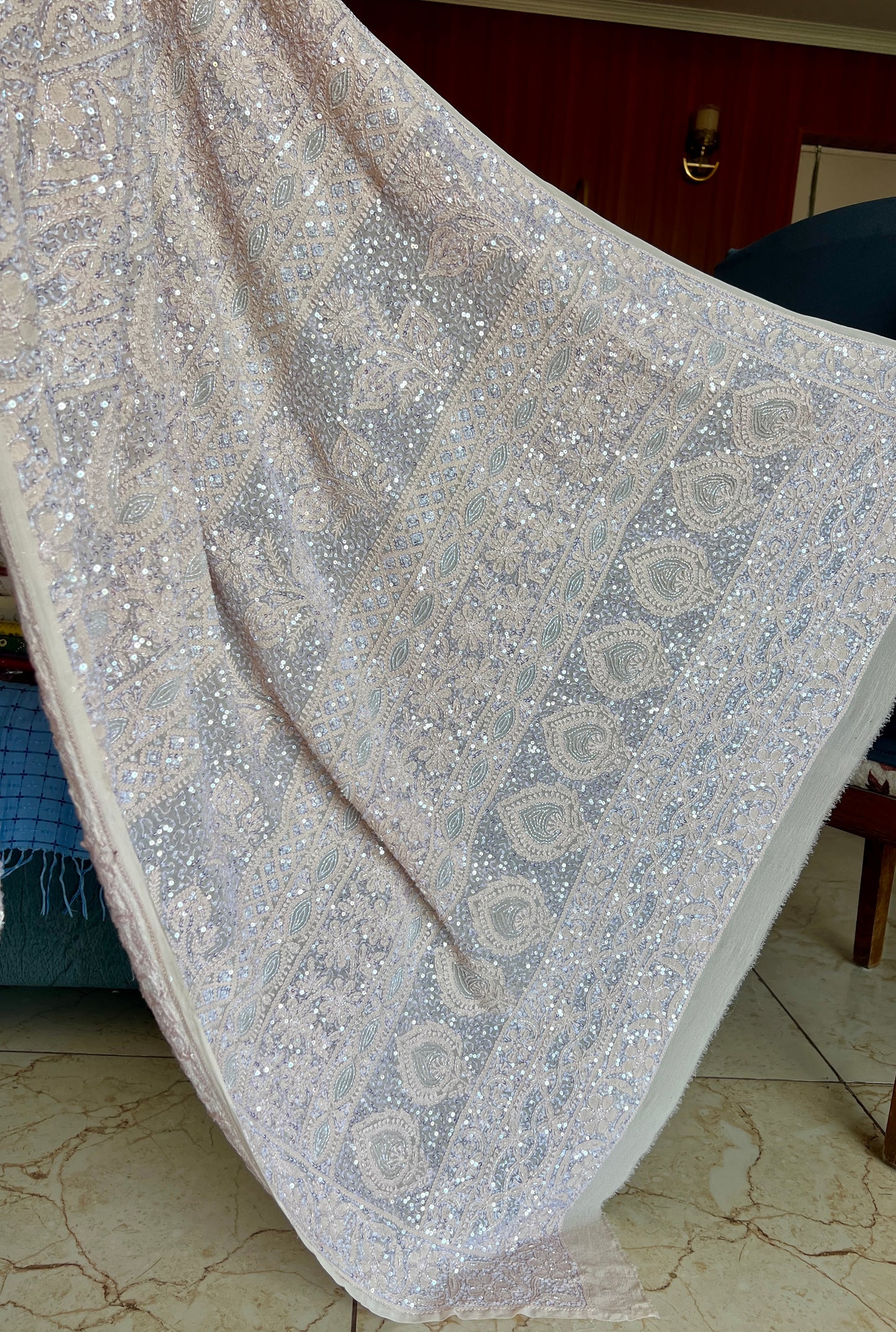 Ruhani Beige Chikankari Sequins Cut Dana Embroidered Masterpiece Saree