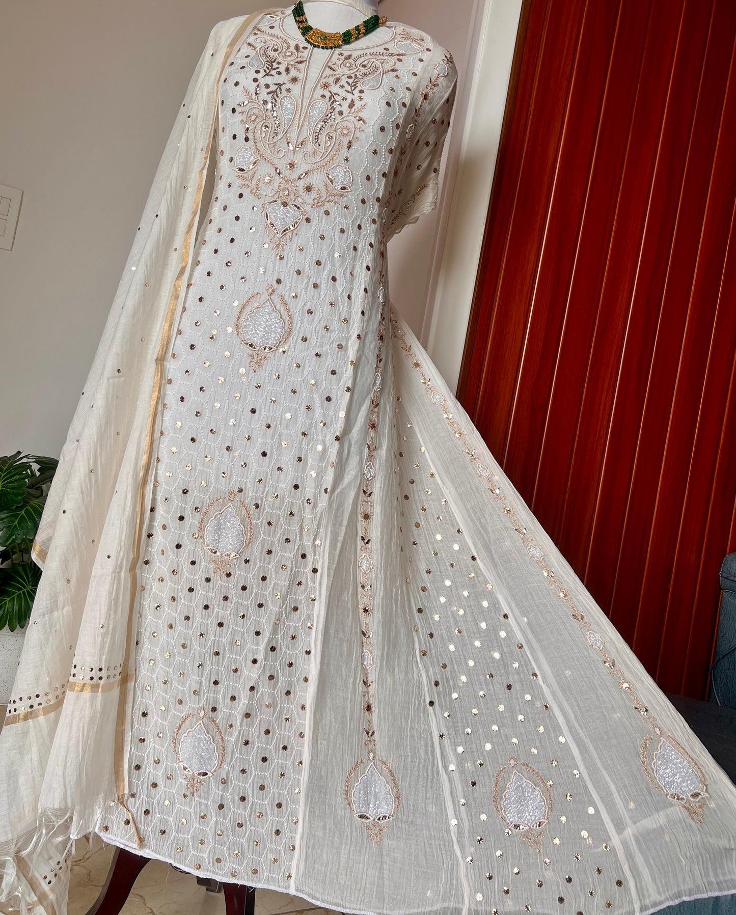 Mul Chanderi Anarkali with Mukaish and pearl work