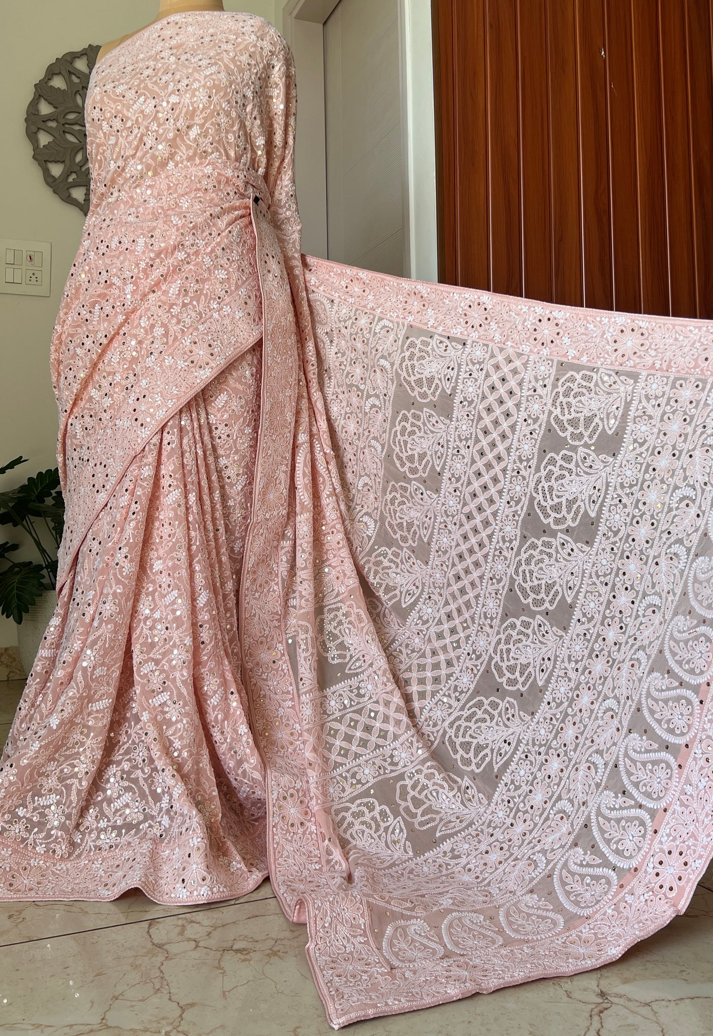 Ruhani Peachish Pink Allover Fine Chikankari and Mukaish Saree