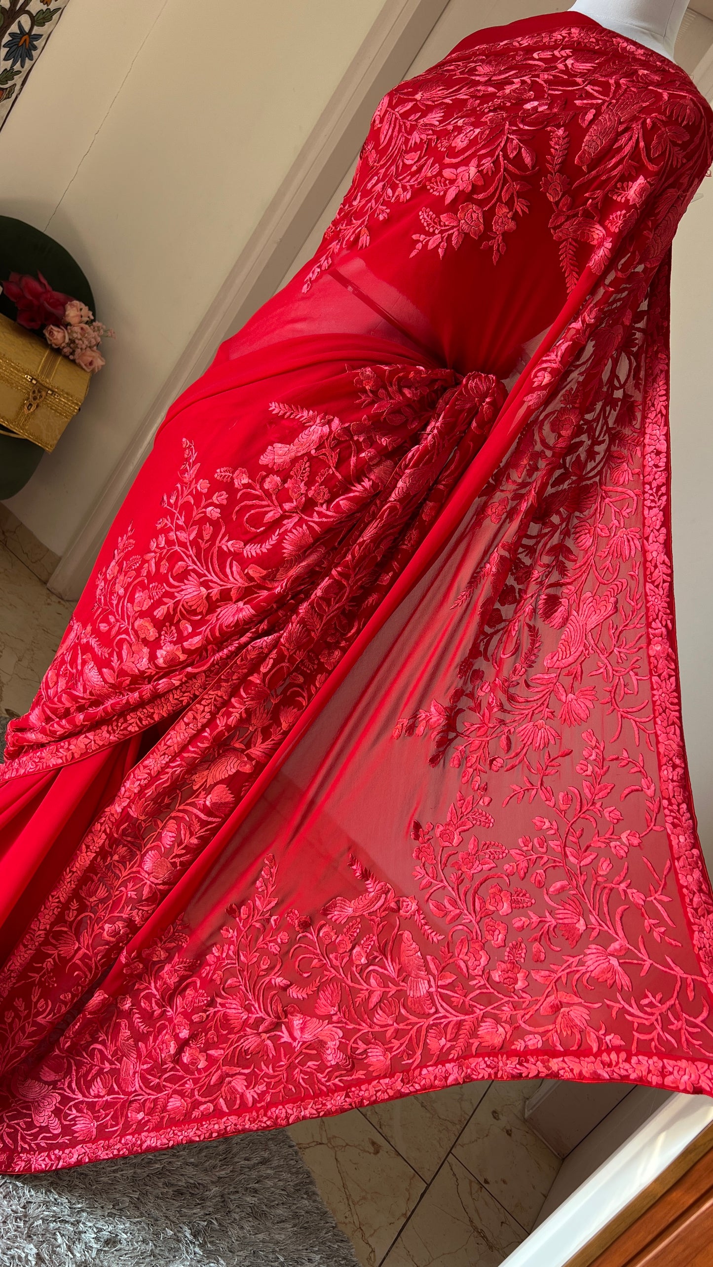 Roja Red pure georgette saree with parsi gara hand embroidery