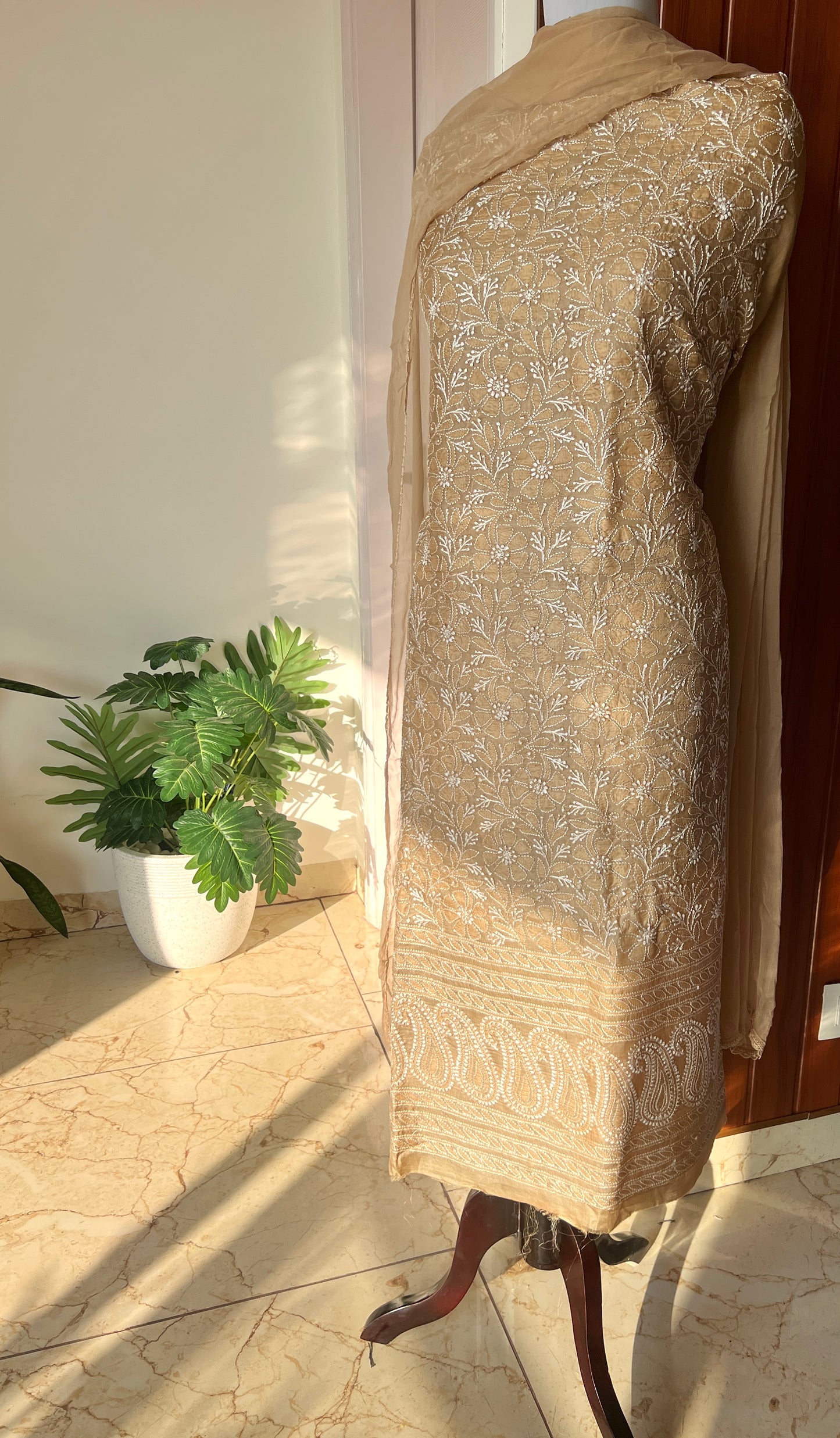 Tussar silk Chikankari embroidered kurta with chiffon dupatta