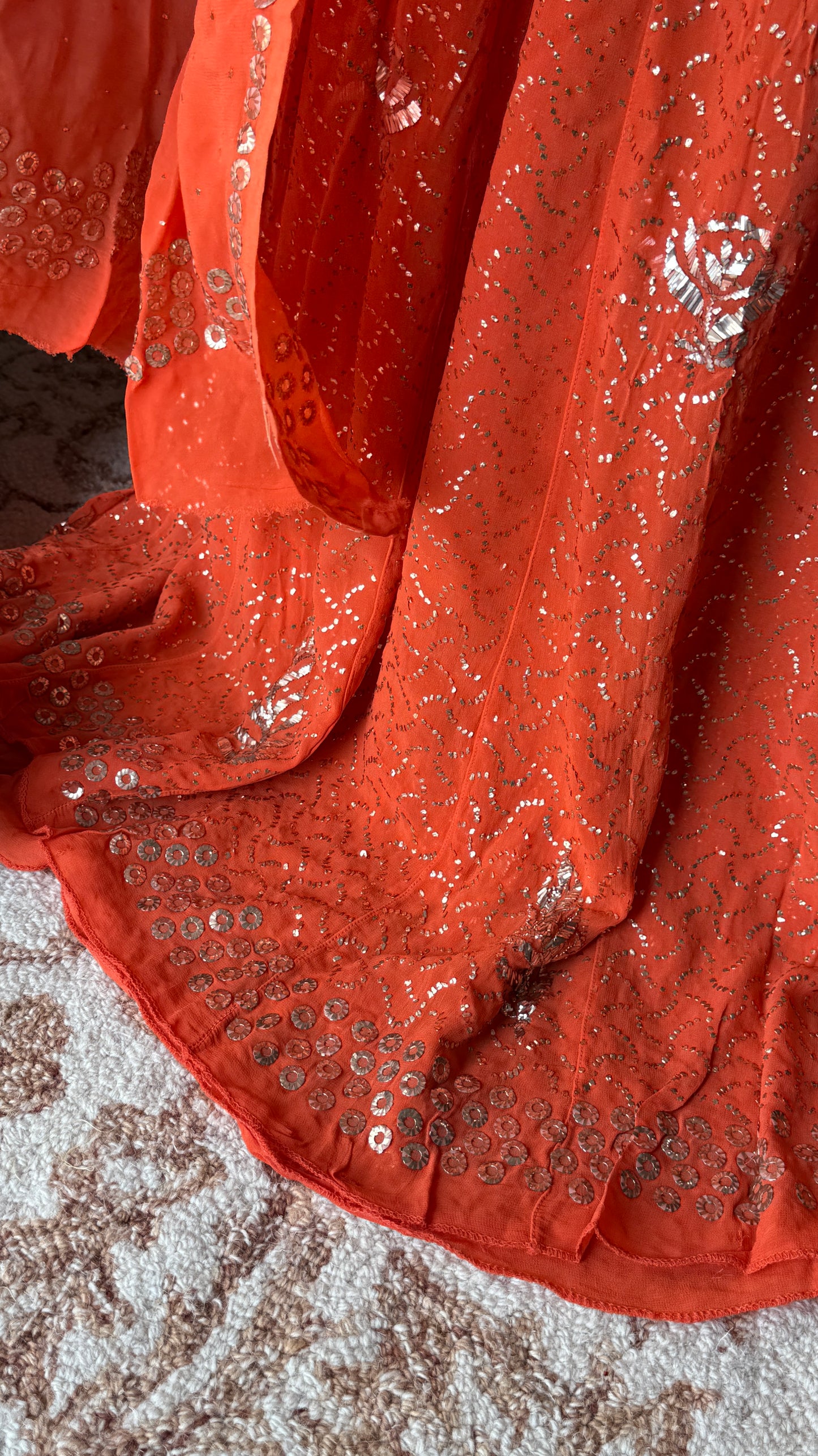 Orange Allover Heavy Mukaish Georgette Anarkali with Dupatta