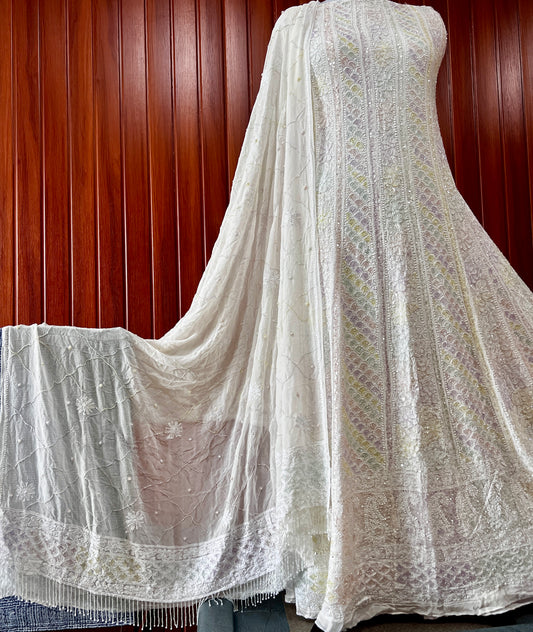 Ivory Chikankari multicolored Sequins and Cut Dana Anarkali