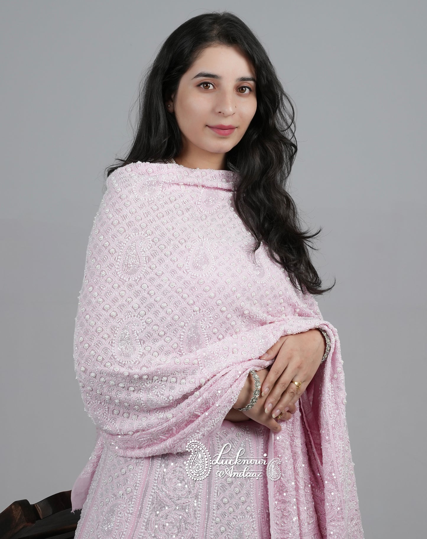 Ruhani Pink Chikankari Pearl Cut Dana Sequins Wedding Lehenga