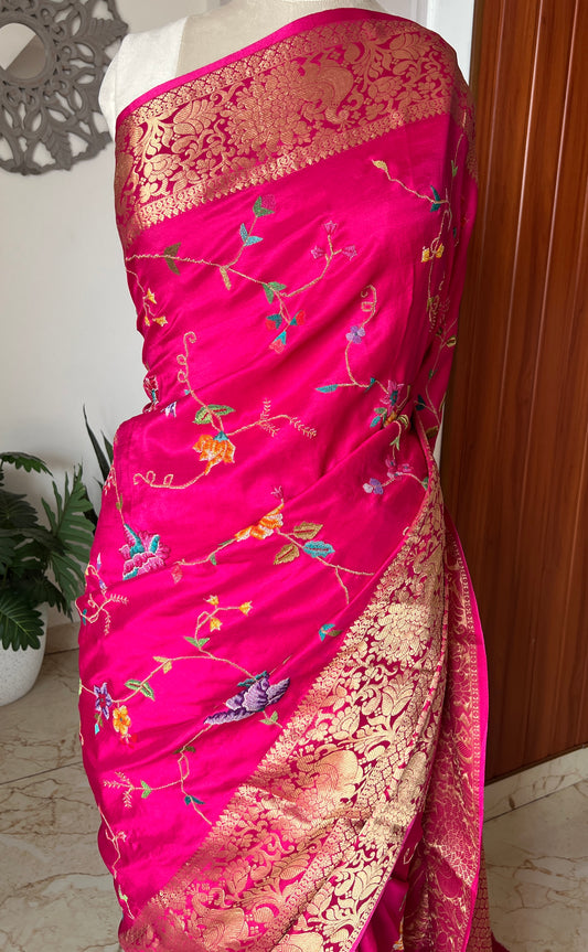 Hot Pink Petit Point Hand Embroidered Saree