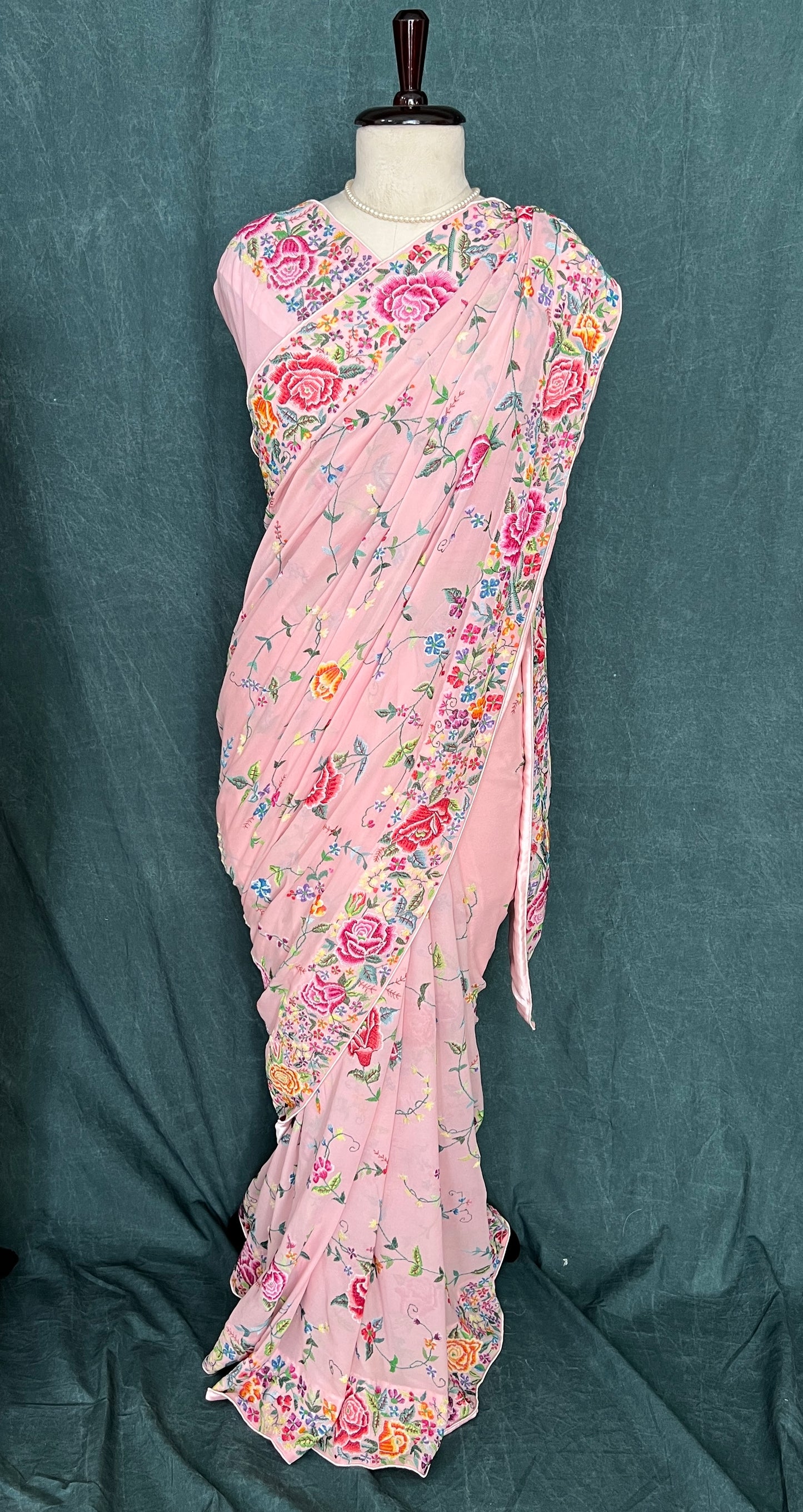 Blush Pink Masterpiece Petit Point Hand Embroidered Saree