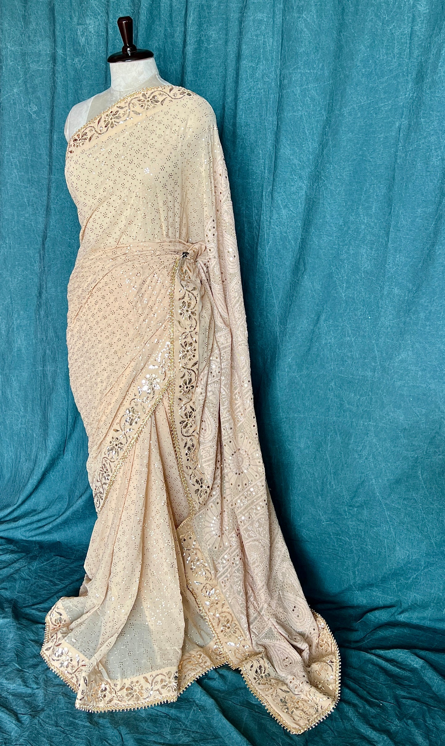 Ruhani Golden Beige Badla Mukaish and chikankari Pure Georgette Saree