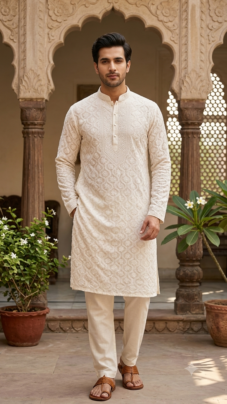 Ivory Allover Chikankari Men's Kurta Fabric