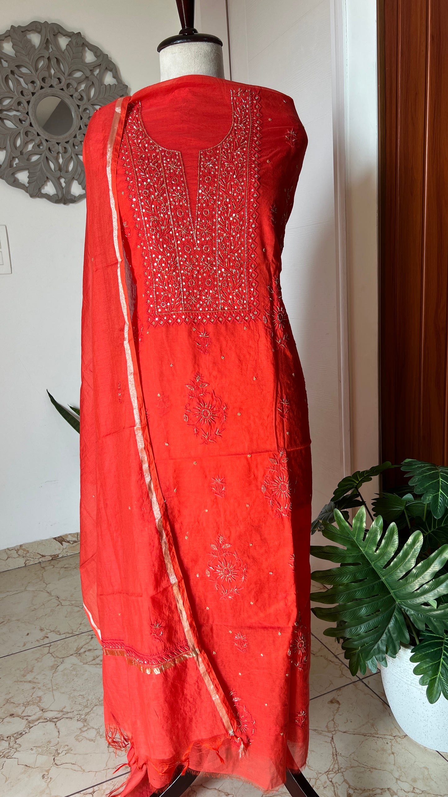 Mul Chanderi Chikankari Kurta and Dupatta Set