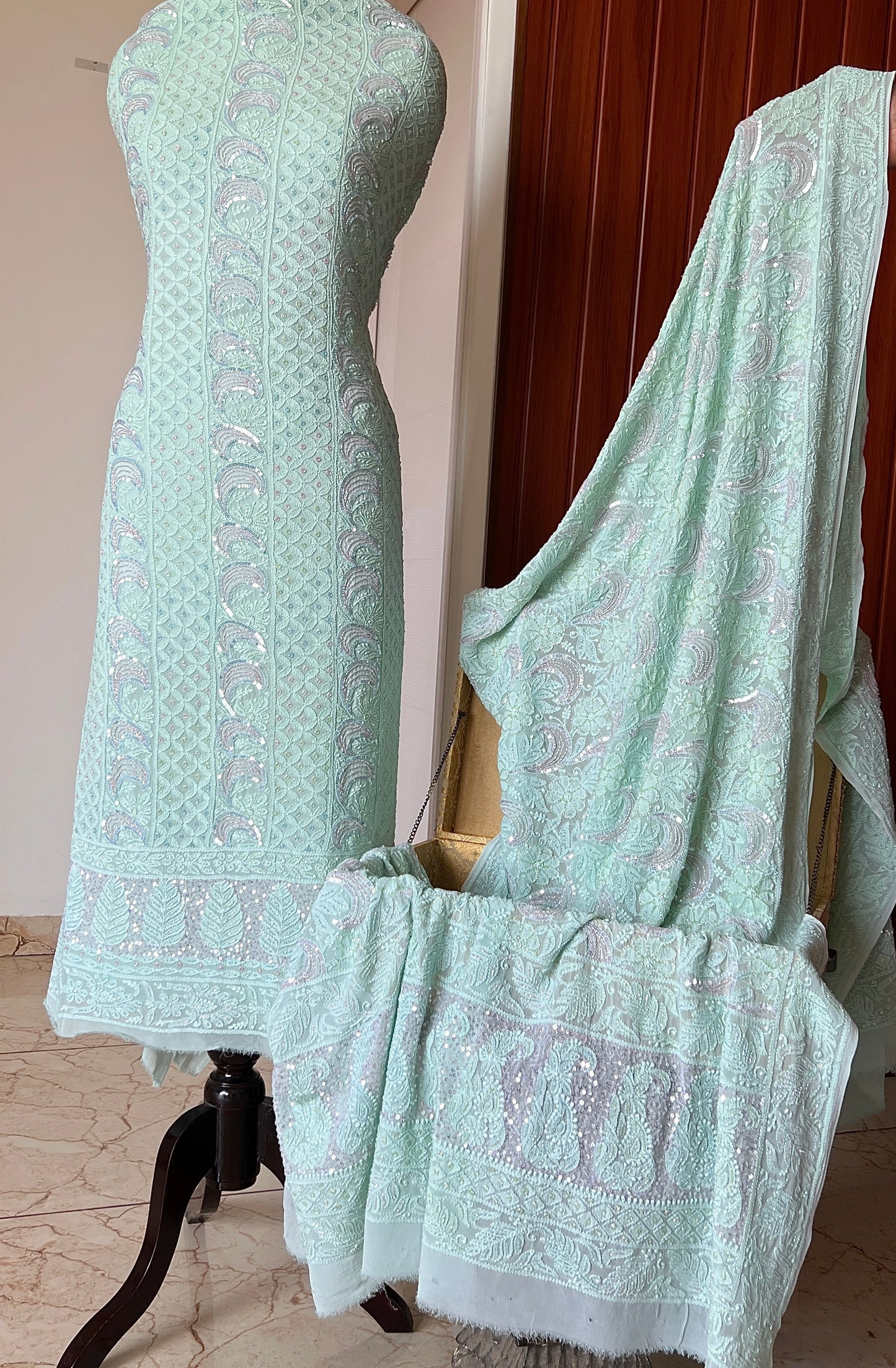 Mint Green Chikankari multi cut Dana and Sequins work Kurta with Jaal Dupatta