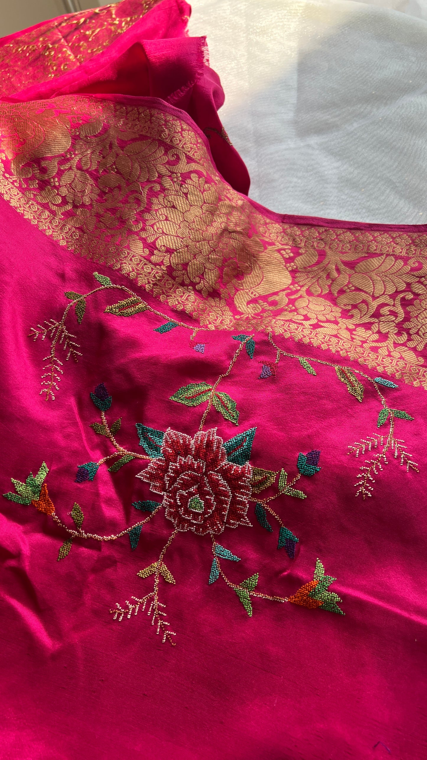 Hot Pink Petit Point Hand Embroidered Saree