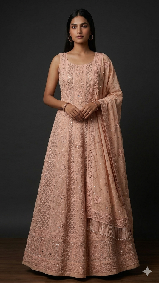 Ruhani Old Rose Chikankari Sequins and Cut Dana Anarkali