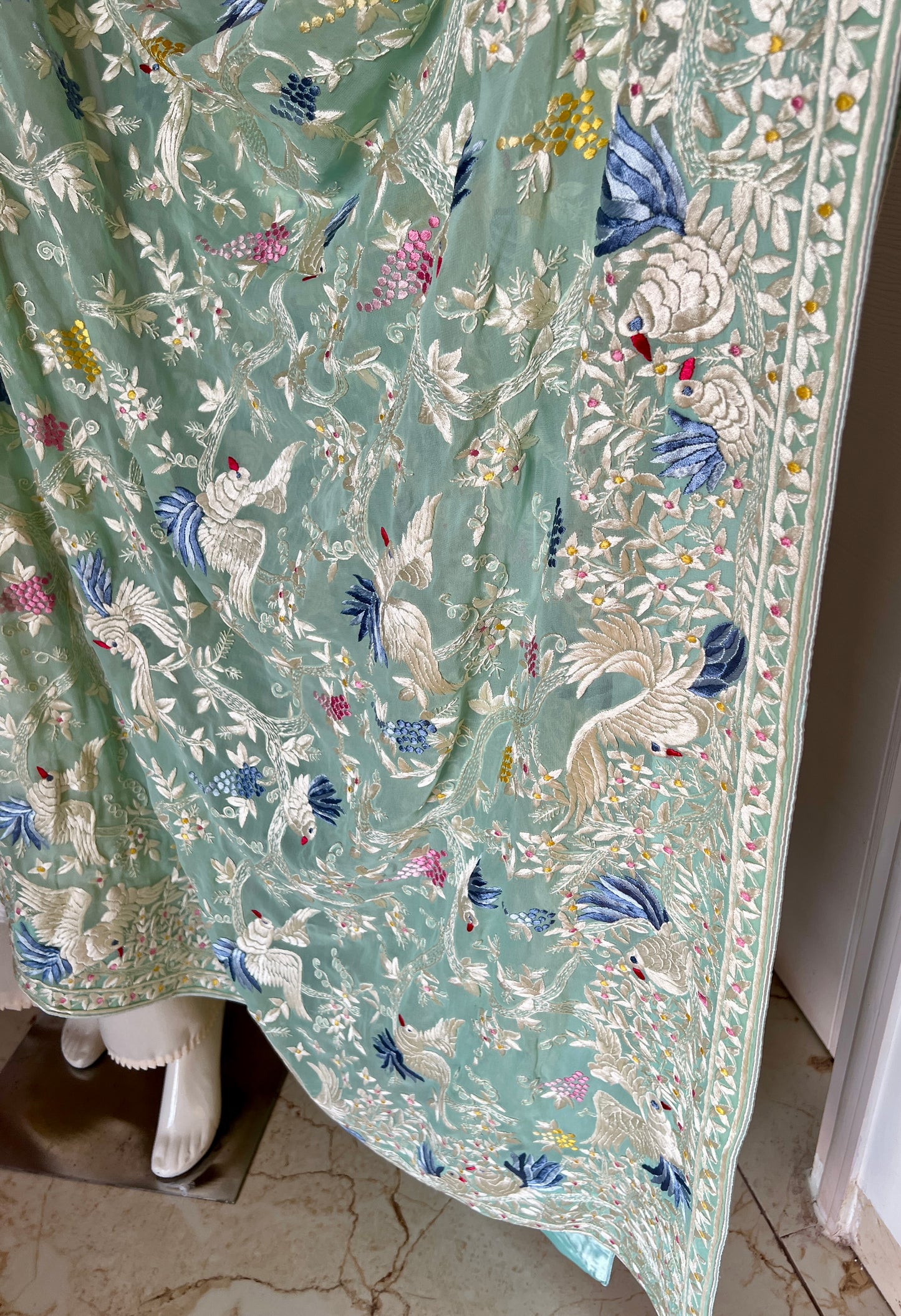 Mint green masterpiece Parsi Gara Dupatta Hand Embroidered
