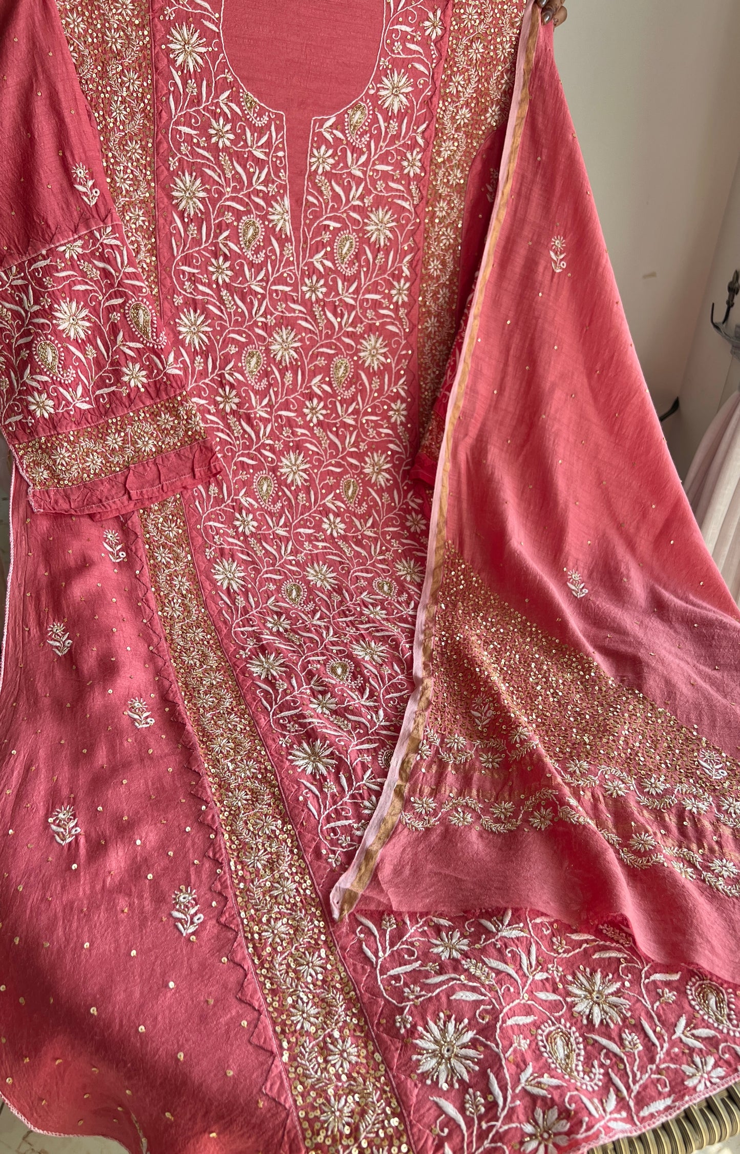 Moonga Silk Chikankari golden cut dana sequins kurta and dupatta