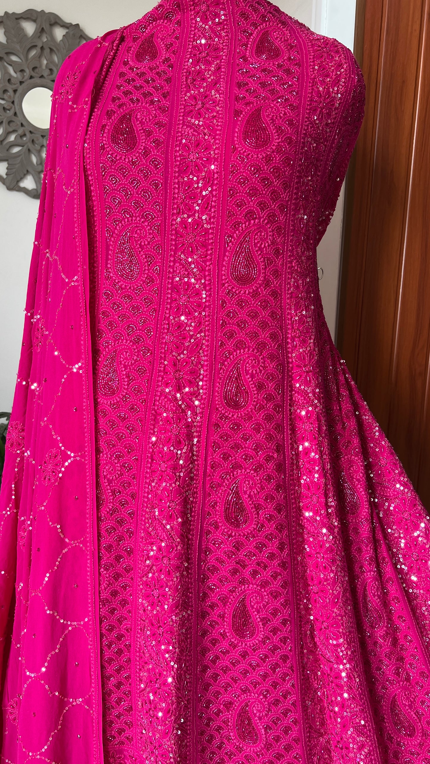 Ruhani Fuchsia Pink Chikankari sequins cut Dana Anarkali