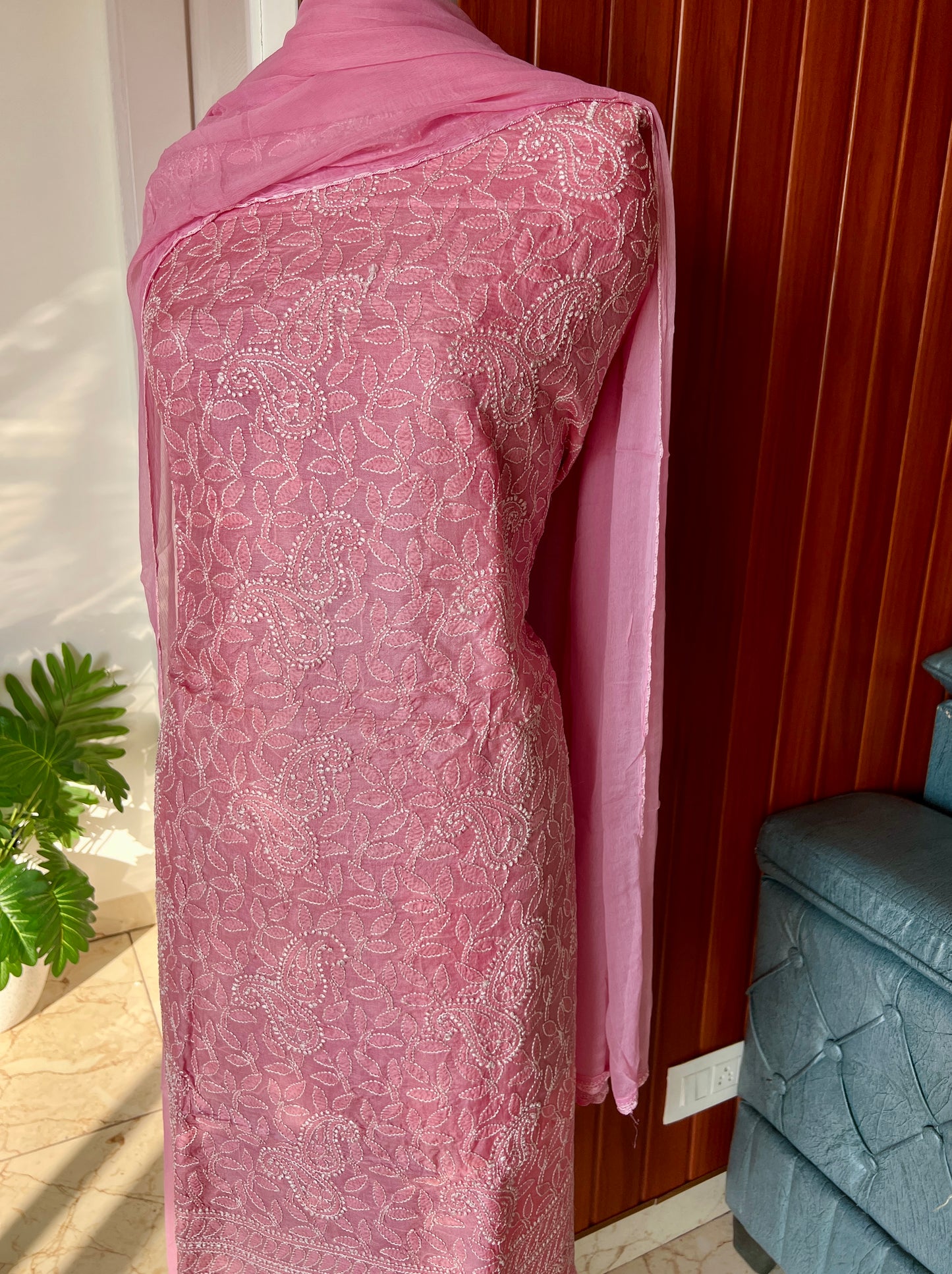 Tussar silk Chikankari embroidered kurta with chiffon dupatta
