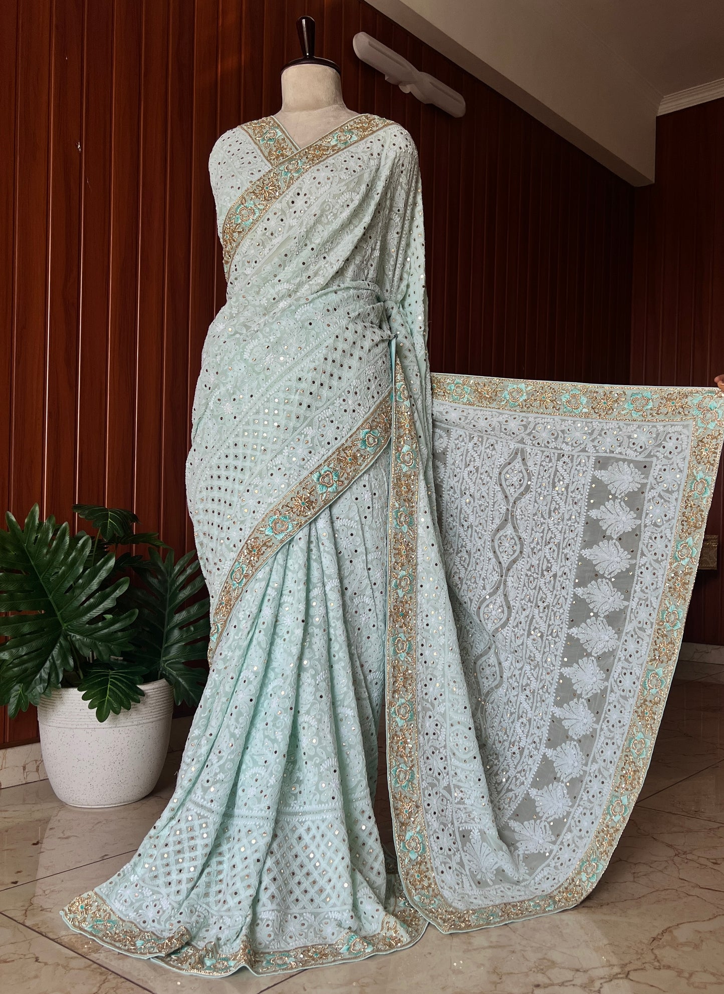 Ruhani Firozi Chikankari and Mukaish Saree with designer border