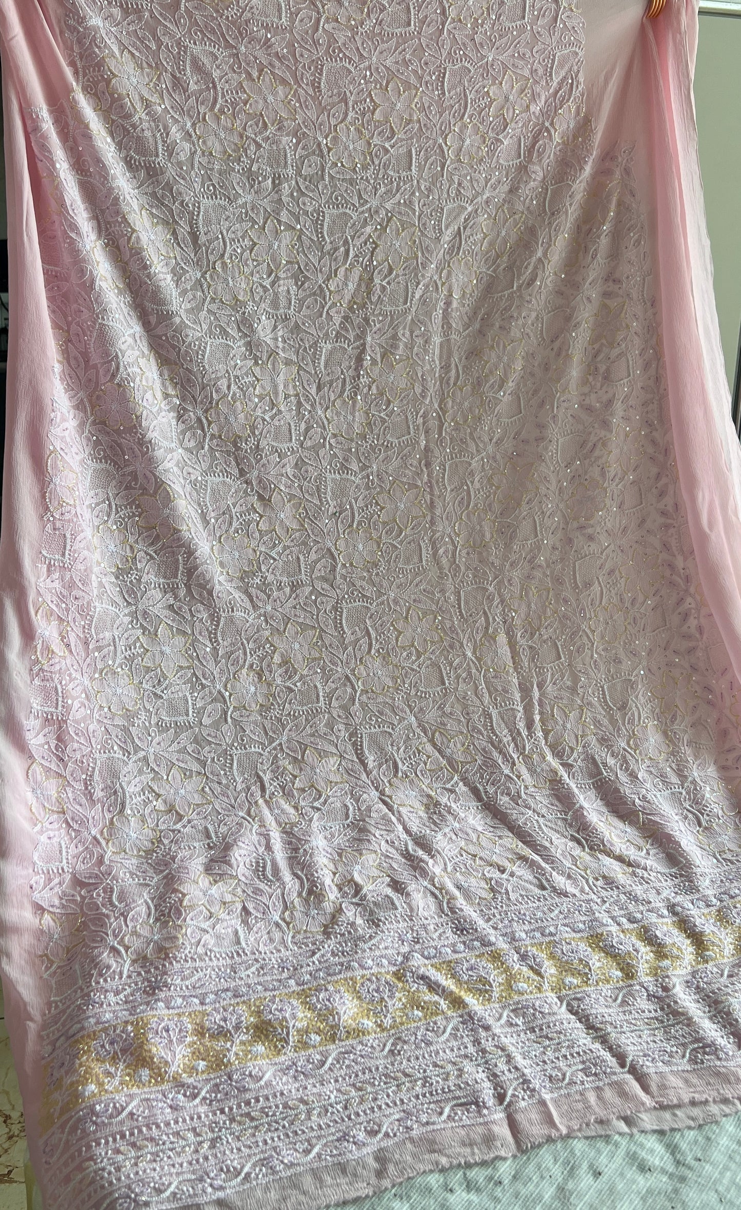 Ruhani Pink pure chiffon Chikankari cut dana and sequins kurta and dupatta