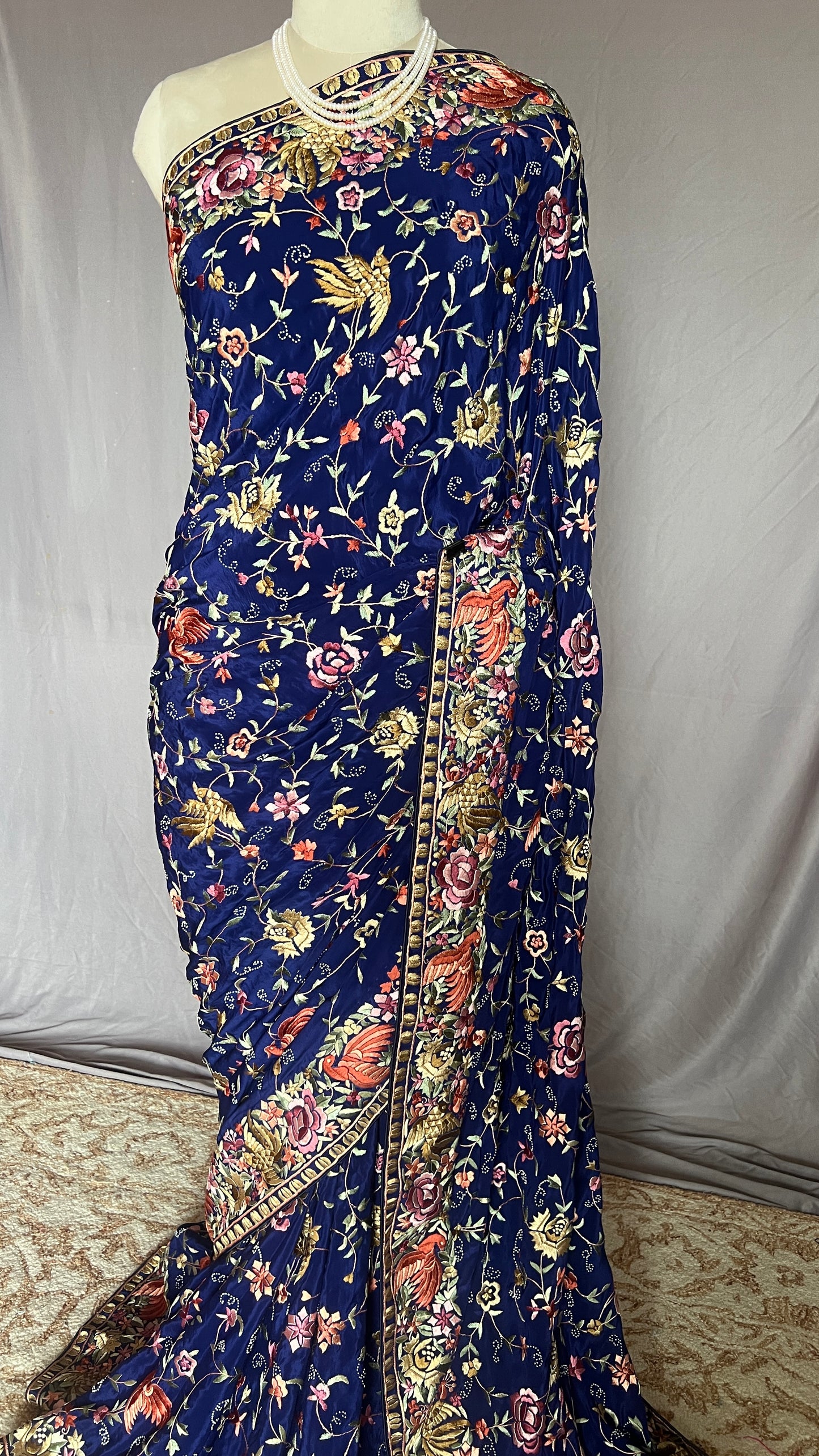Navy Blue Masterpiece Parsi Gara Pure Crepe Saree