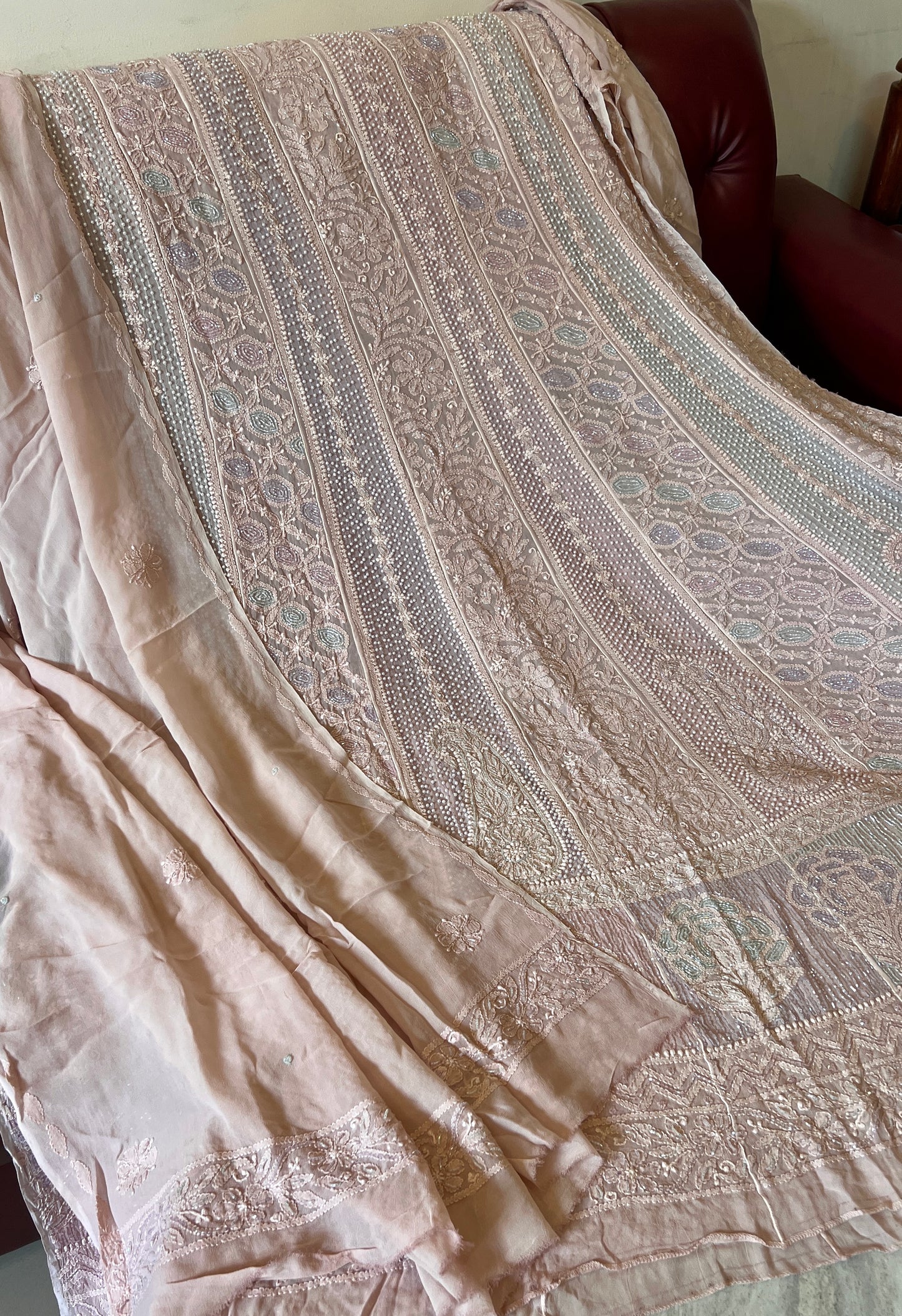 Nude Pink Chikankari Pearl and Cut Dana Embroidered Anarkali with Dupatta