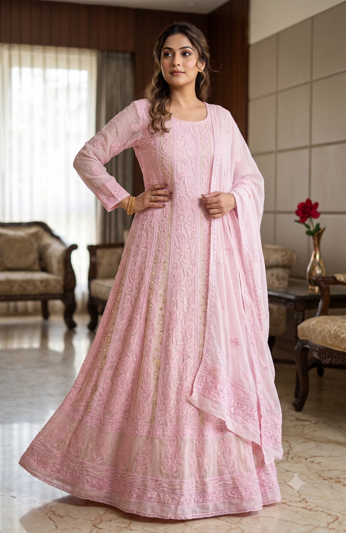 Pretty pink Chikankari Sequins Cut Dana pearl Anarkali