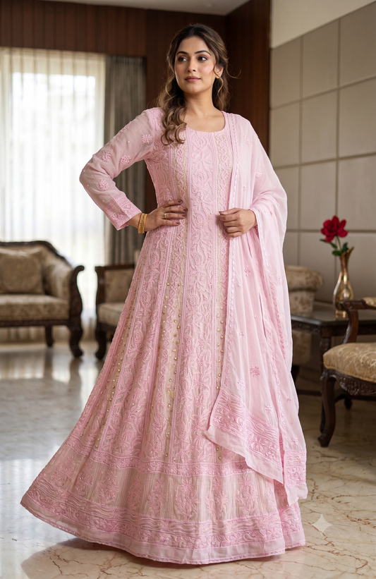 Pretty pink Chikankari Sequins Cut Dana pearl Anarkali