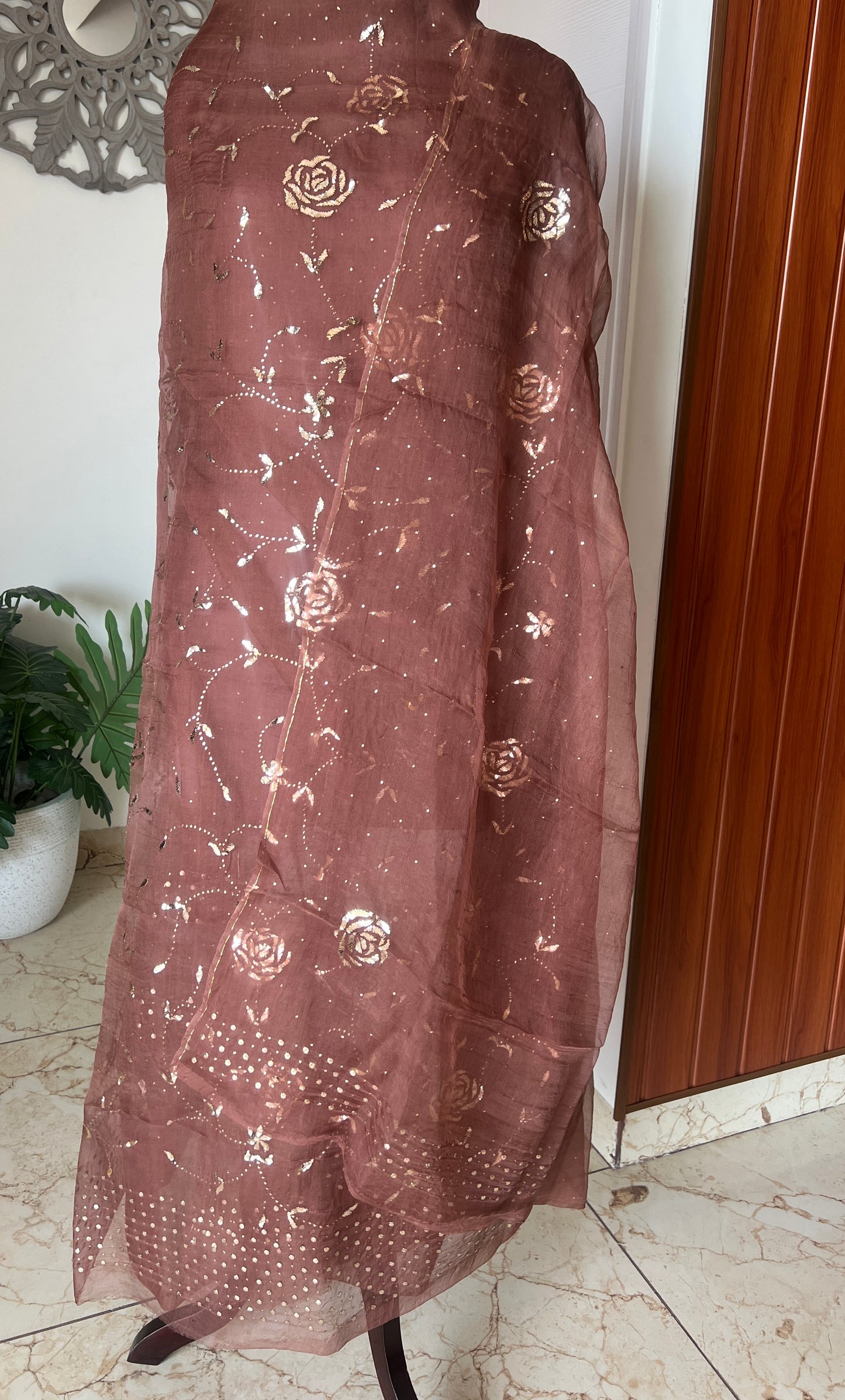 Taupe brown Gulaab pure organza badla work Kurta and Dupatta
