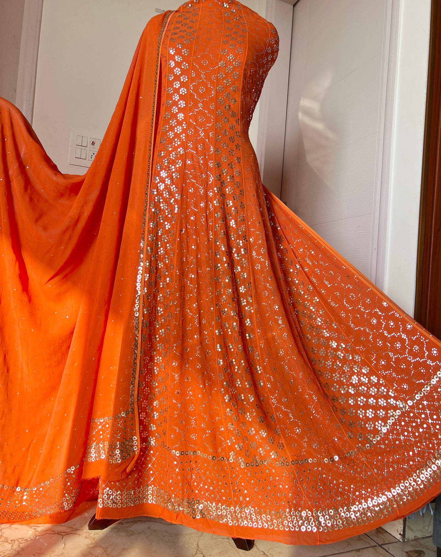 Orange heavy designer Mukaish Georgette Anarkali with Dupatta