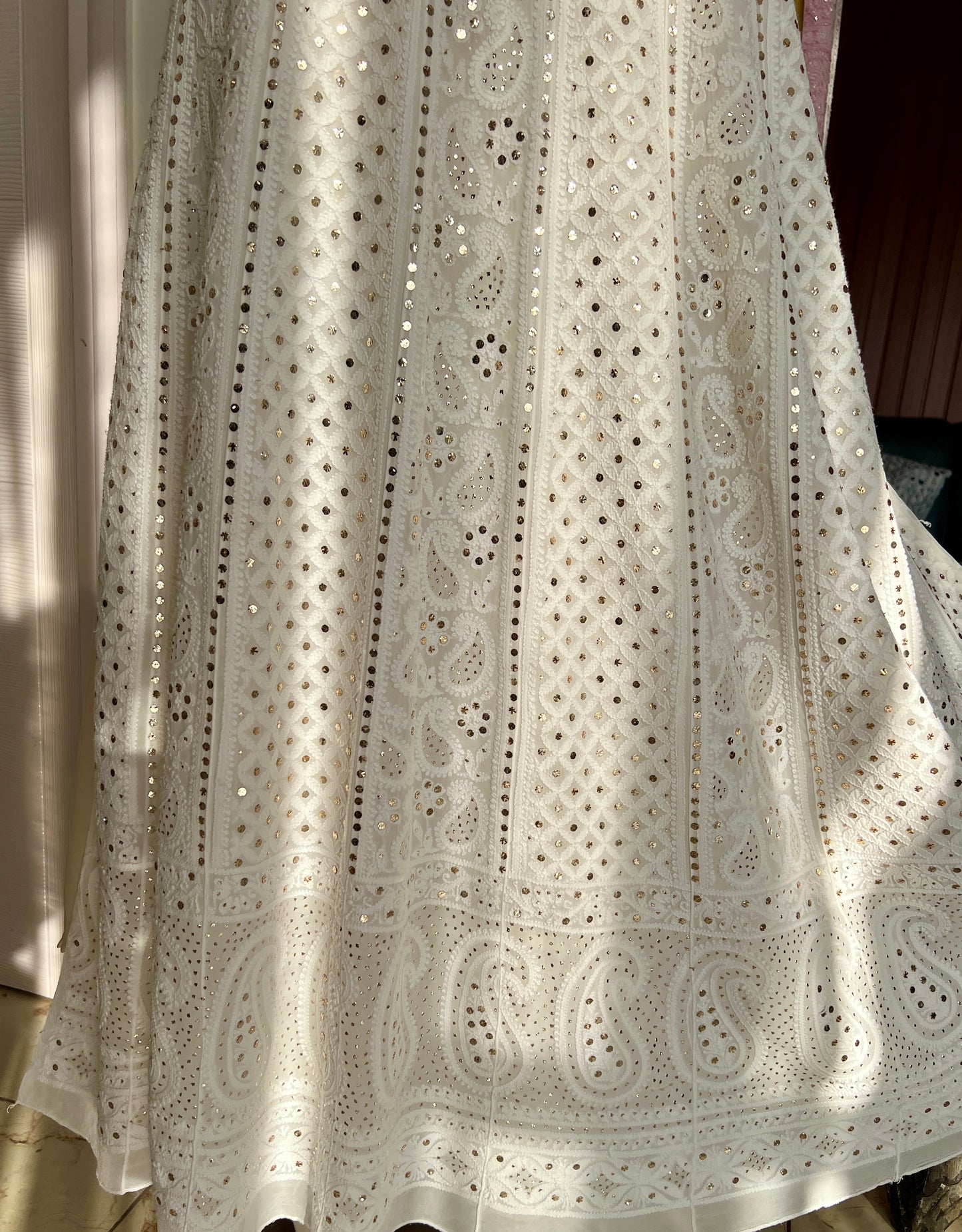 White allover Chikankari and mukaish anarkali with dupatta