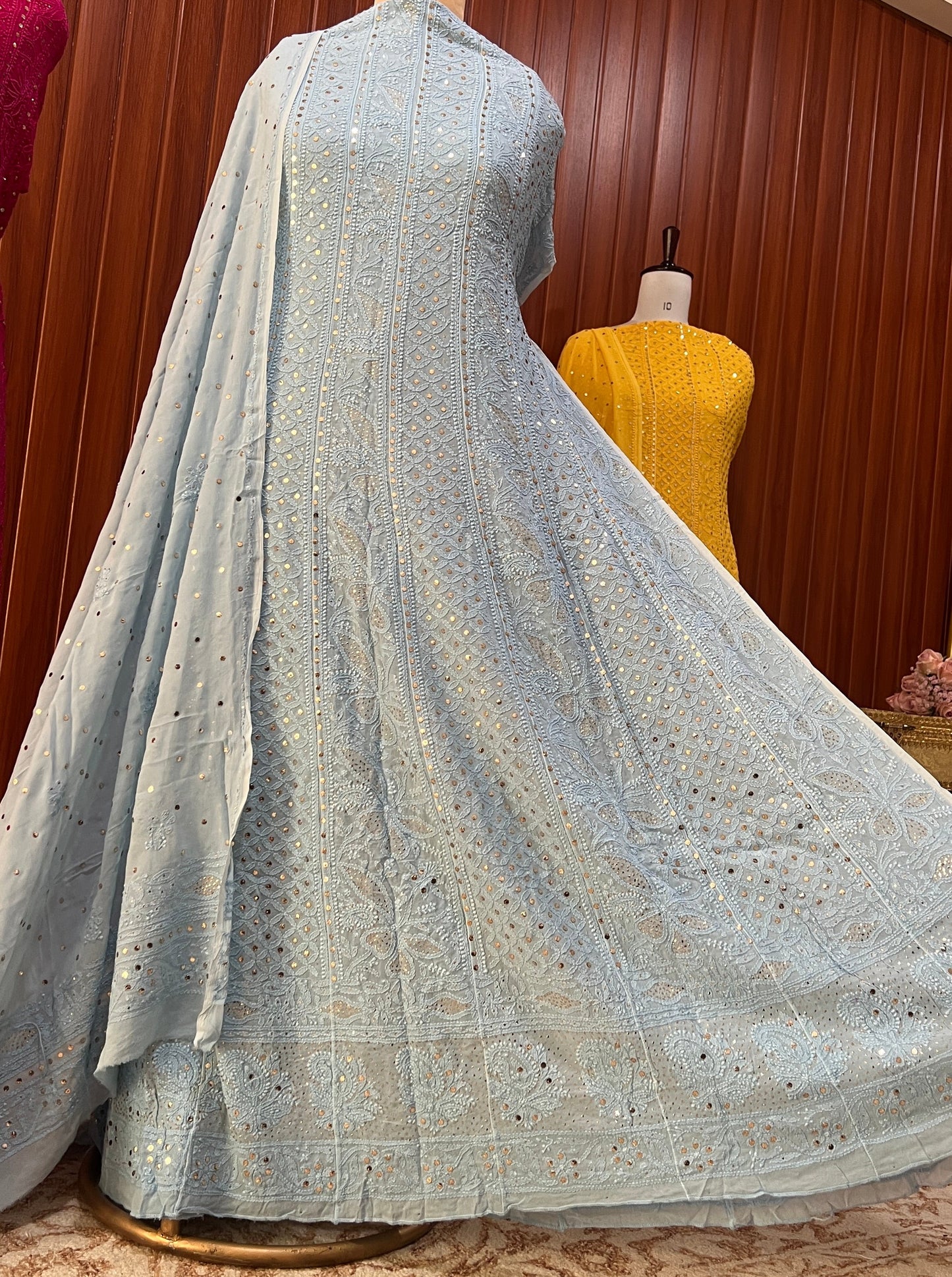 Sky Blue allover Chikankari and mukaish anarkali with dupatta