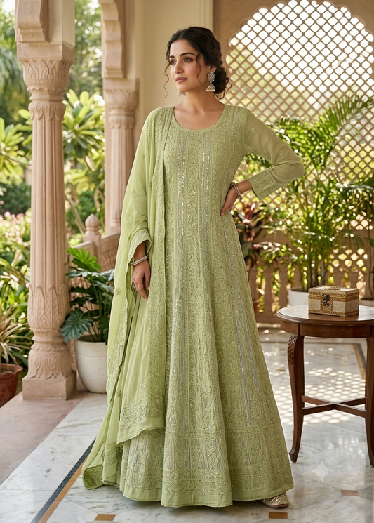 Light Mehndi green Chikankari Cut Dana Sequins Anarkali